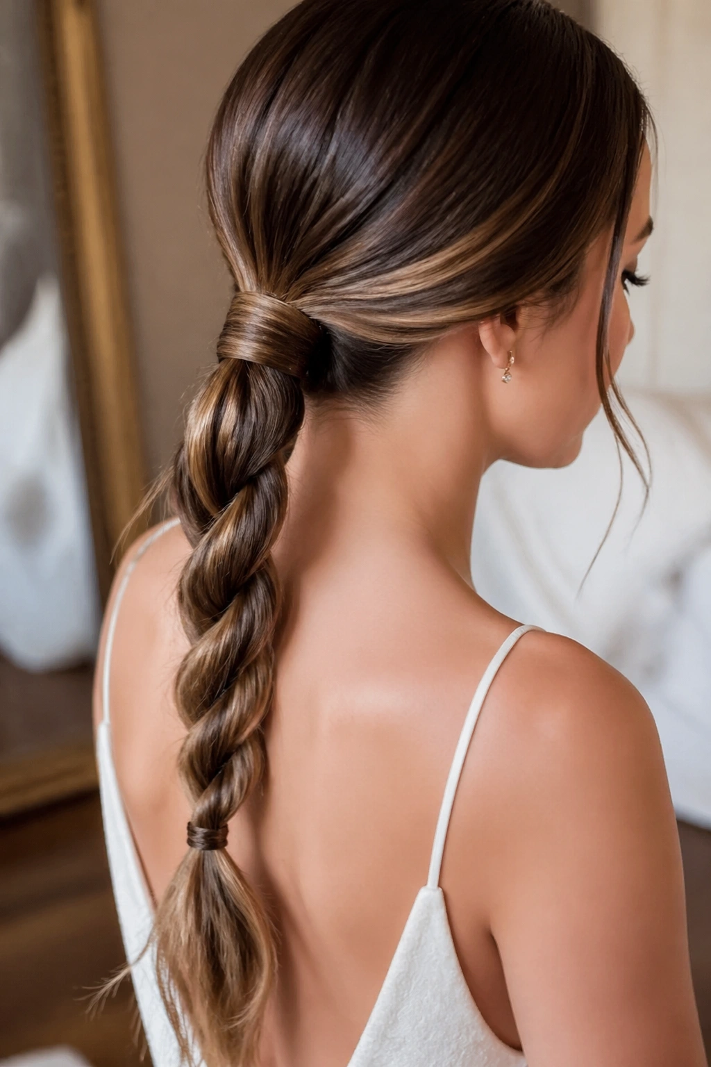 Close-up of rope-braid ponytail on a real long-haired model in soft lighting