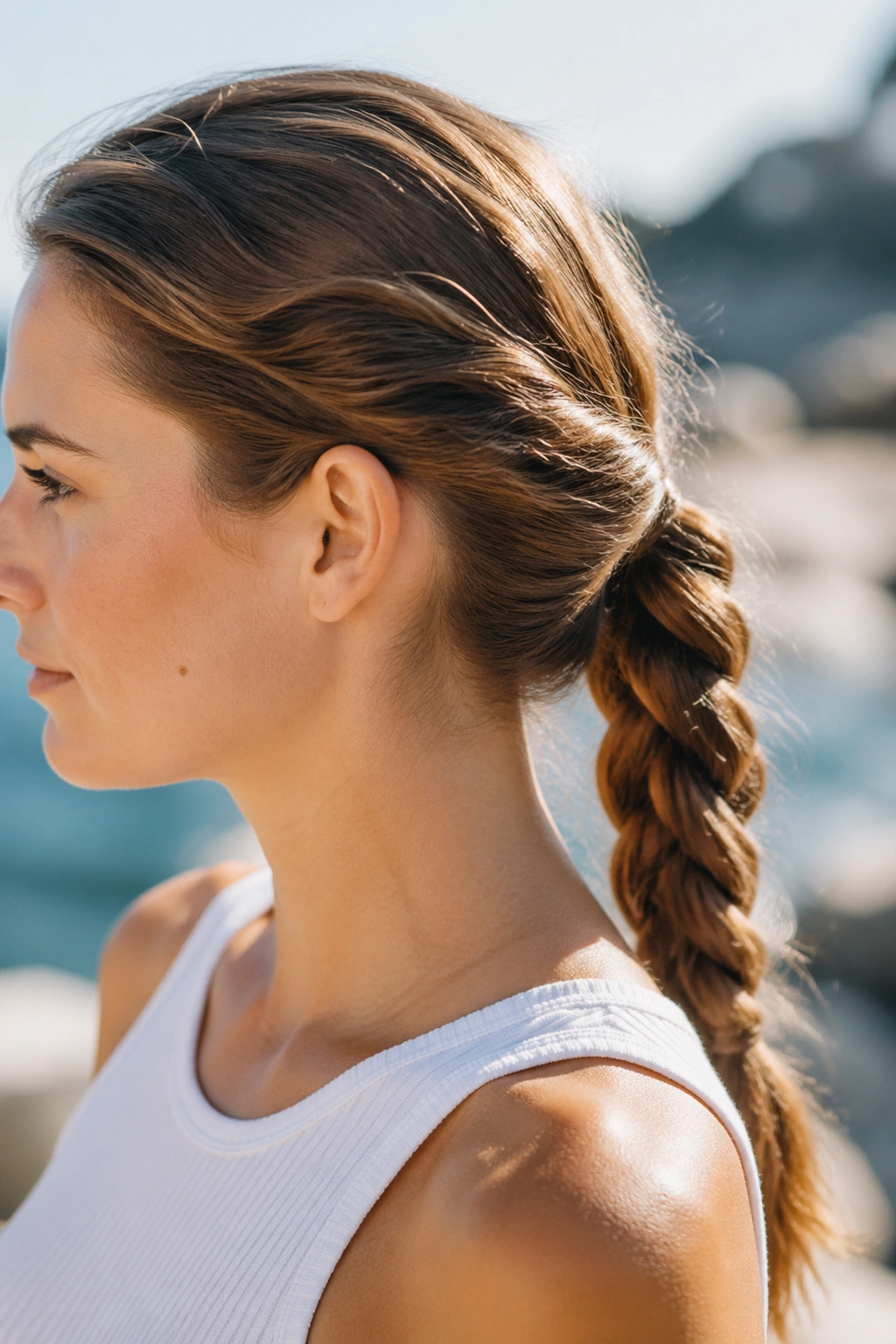 Real woman with a rope braid ponytail outdoors.