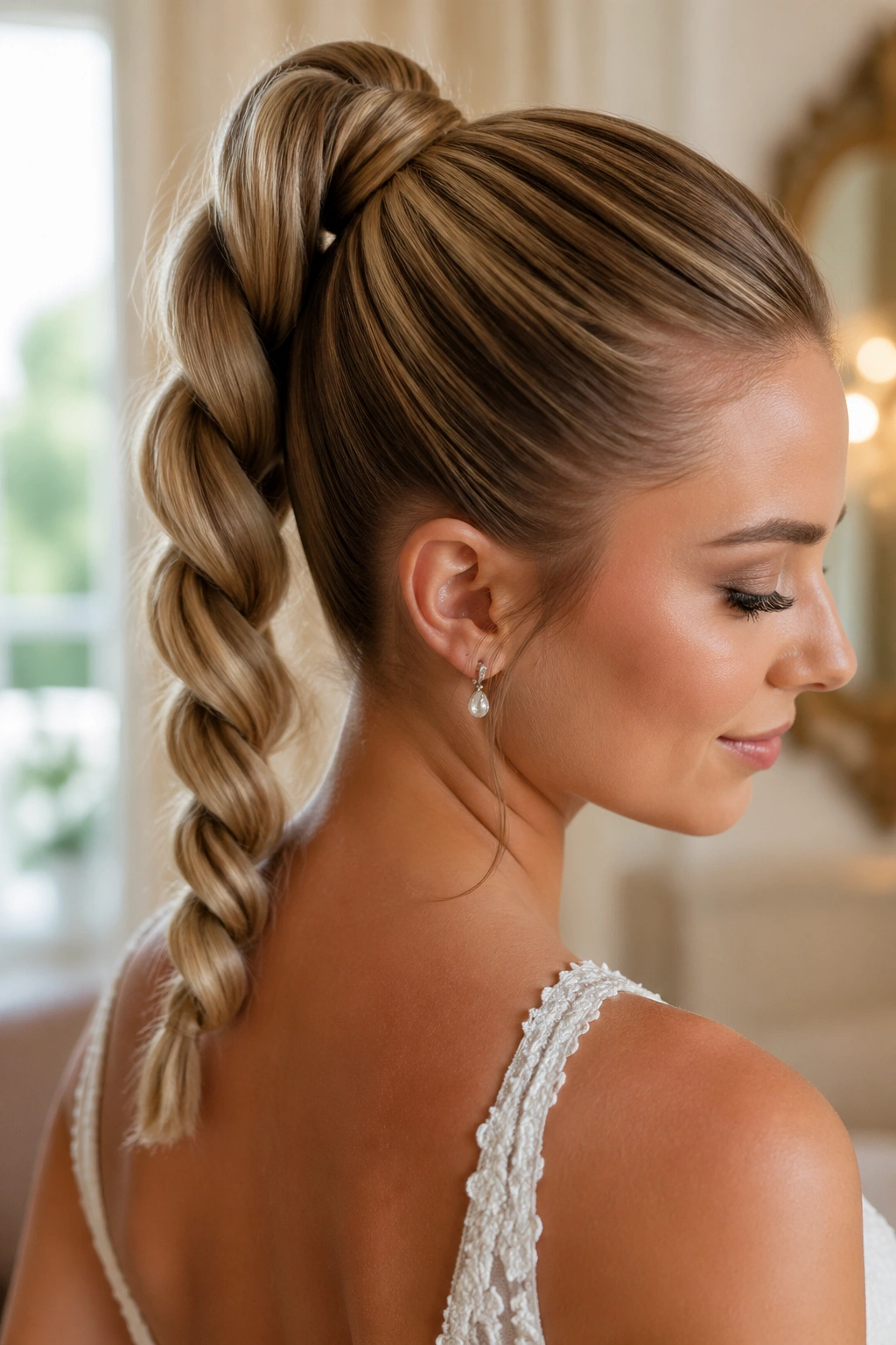 Close-up of a bride's rope-braid high ponytail with glossy twist at crown