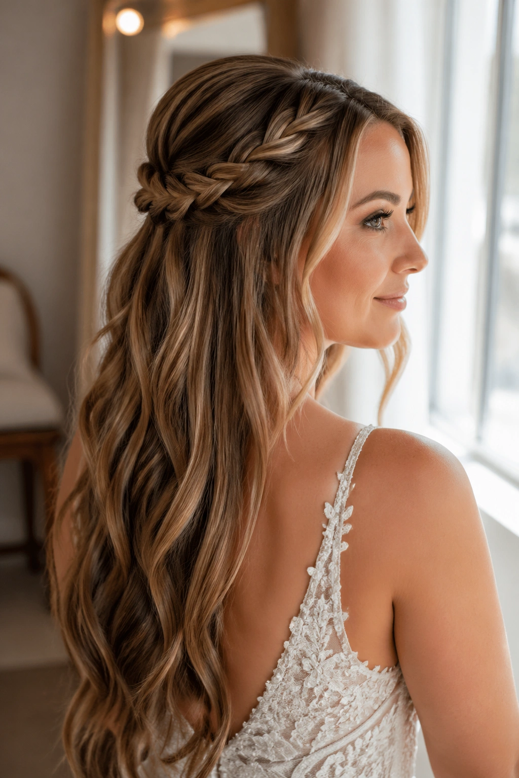 Close-up of a real bride with rope twist half-up hairstyle and flowing waves