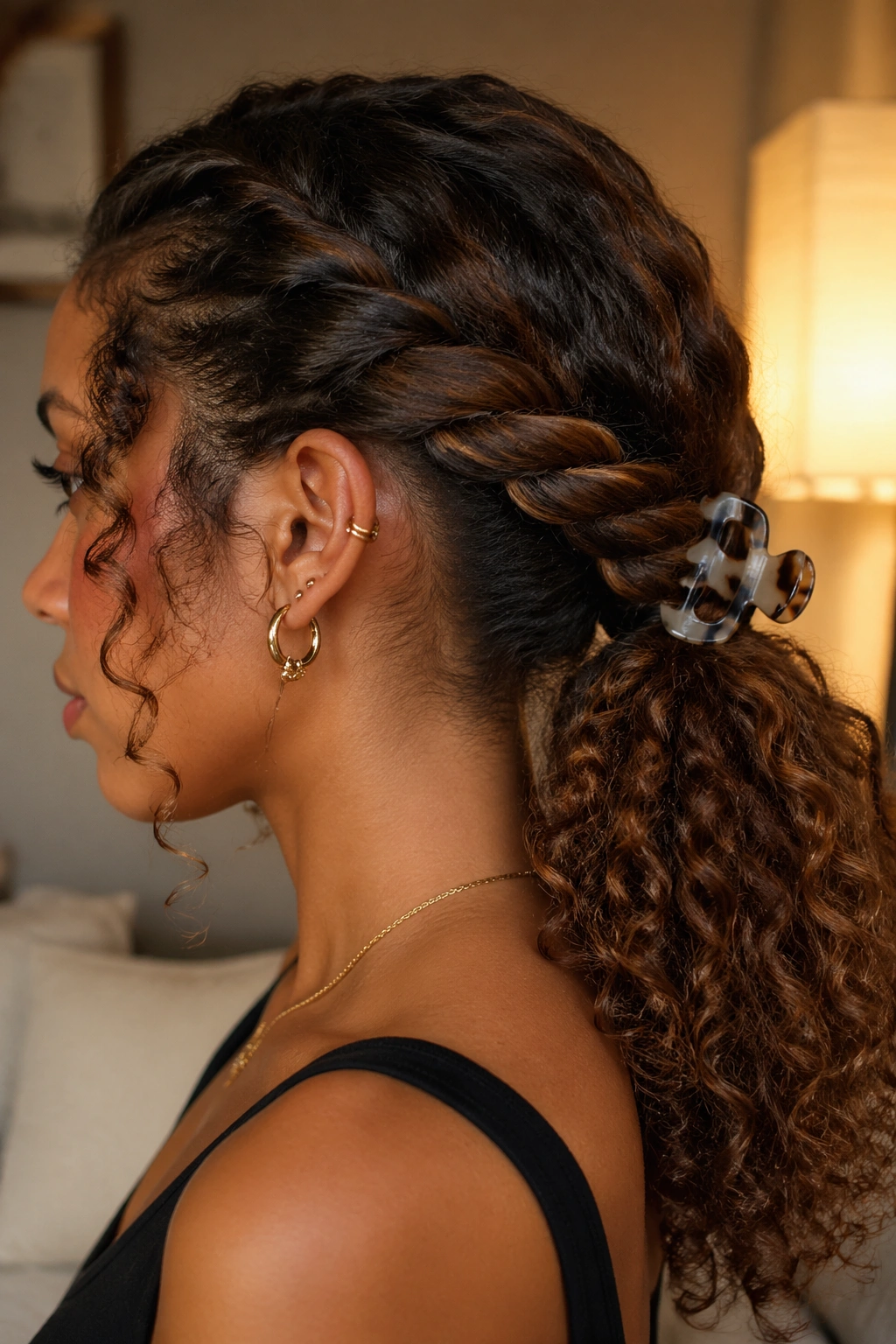 Close-up of a real woman with a rope-twist claw clip ponytail
