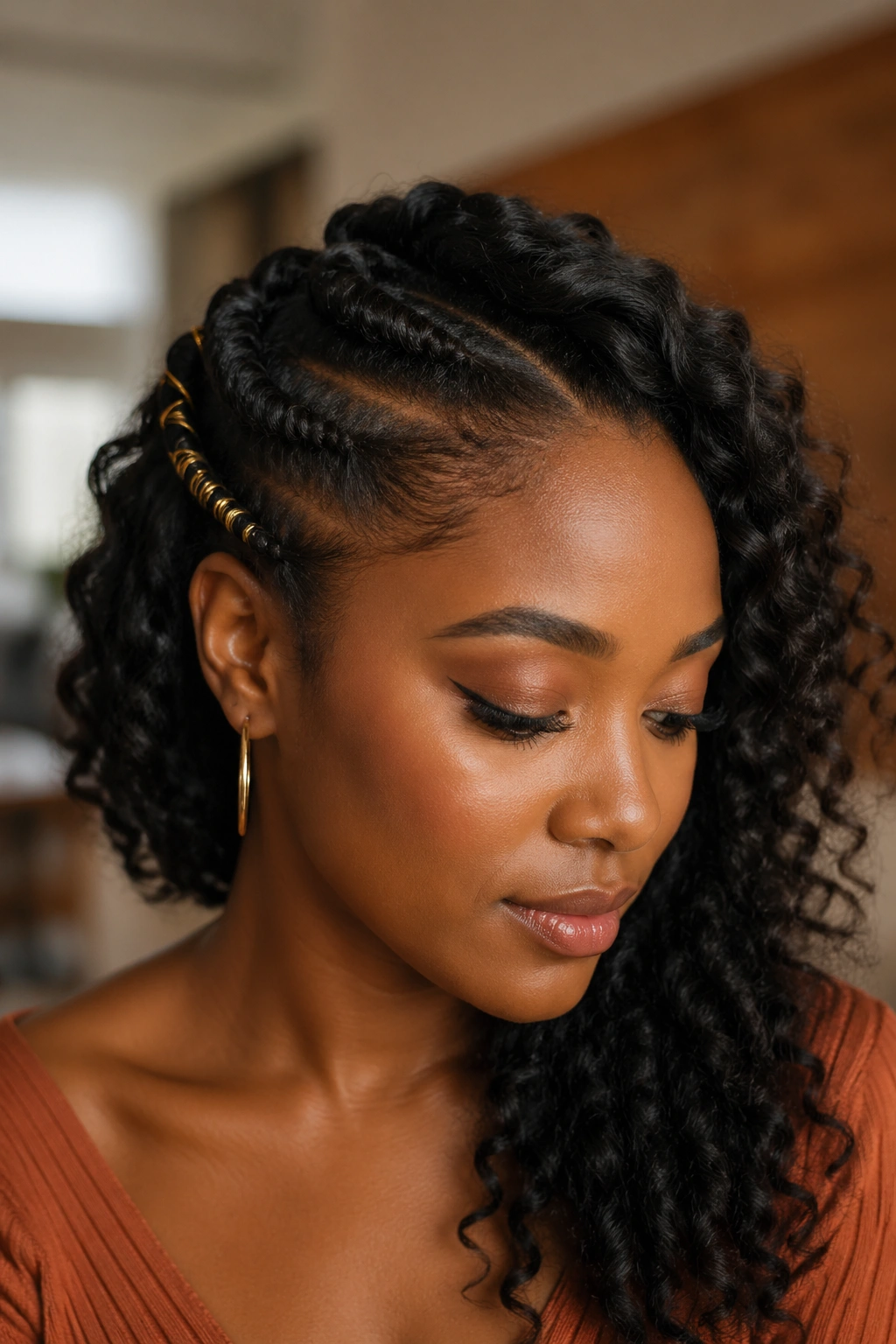 Close-up of side rope twist and curls on a real woman, soft window light.