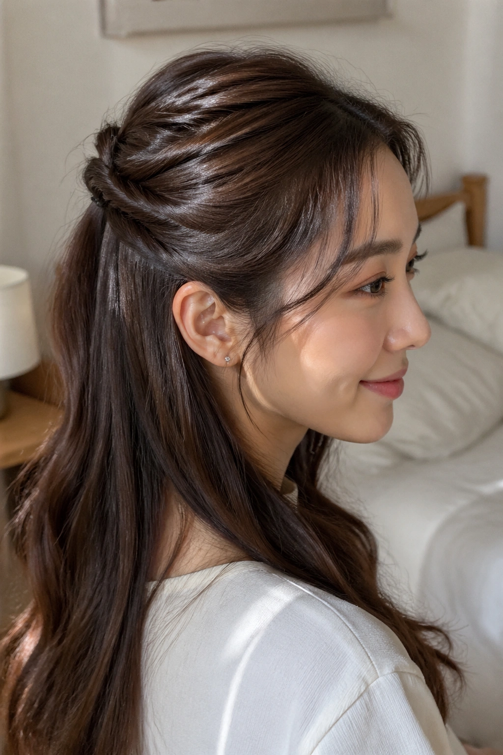 Close-up of a real woman with a rope-twist half ponytail in a cozy bedroom