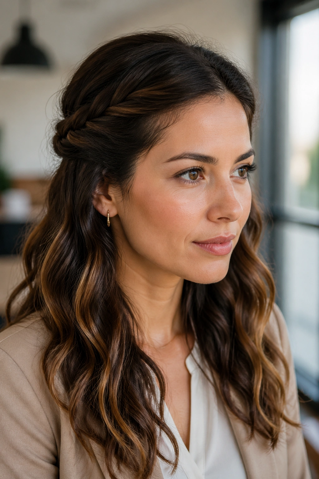 Portrait of a woman with a loose rope-twist half-up hairstyle in an office setting