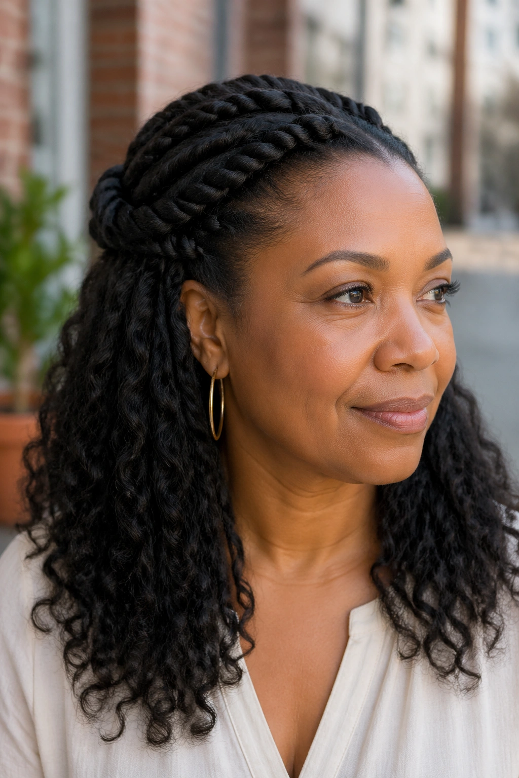 Portrait of a real woman with rope twists at the front, half-up half-down