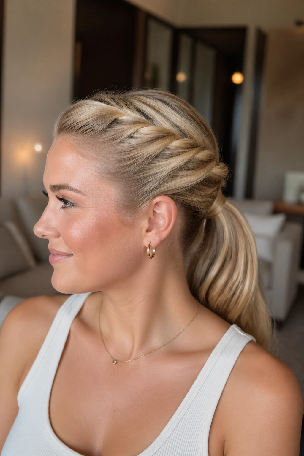 Close-up of a real woman with a rope-twist ponytail.