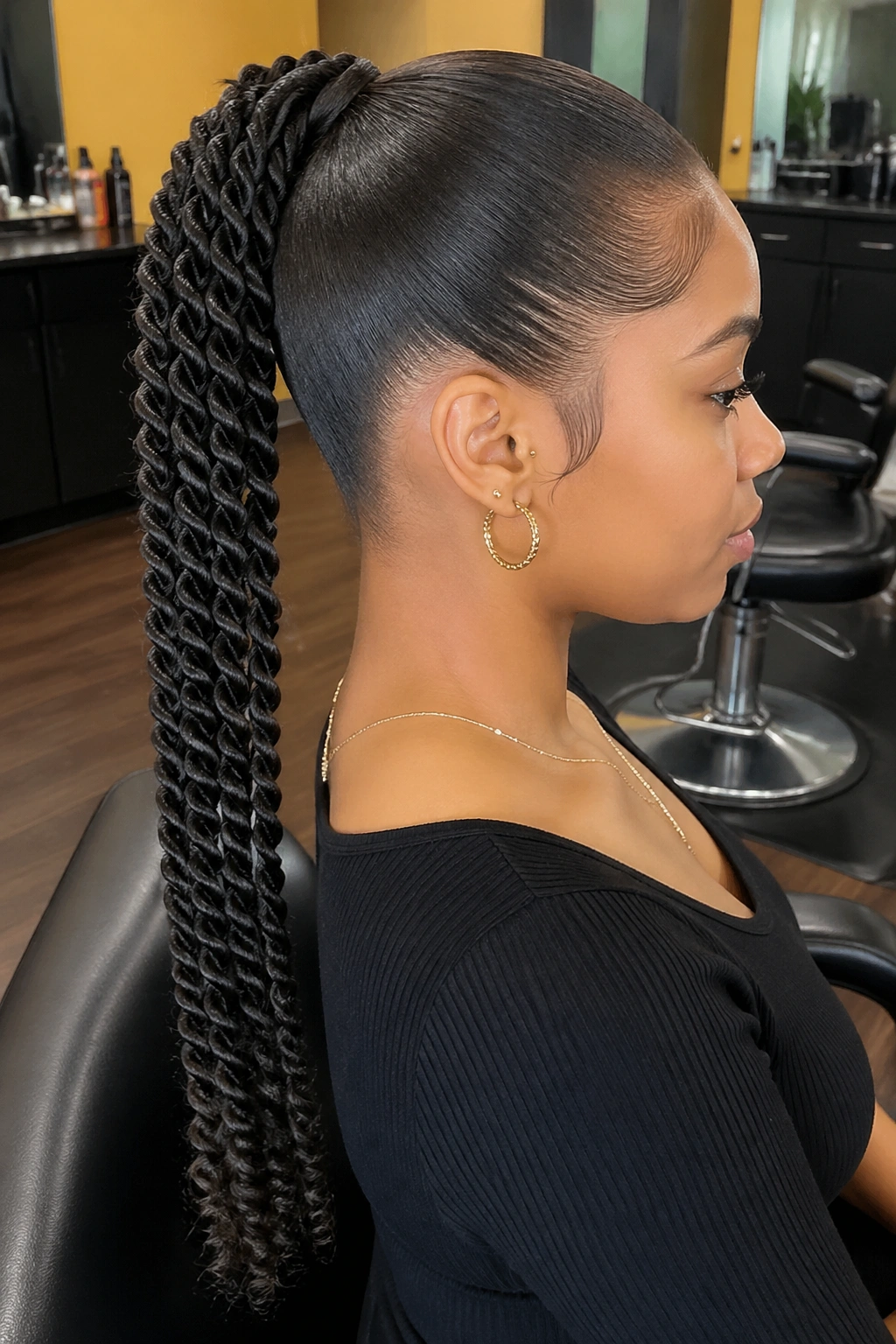 Medium close-up of a real woman with a rope twist ponytail in a salon setting