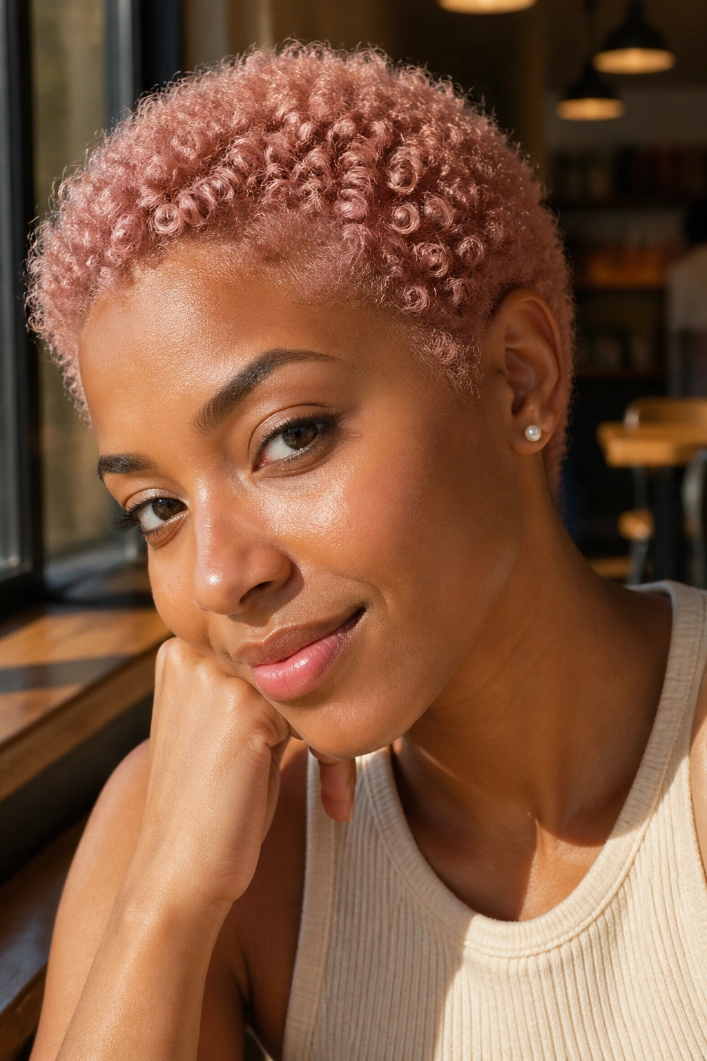 Close-up of a real person with rose gold tinted TWA hairstyle