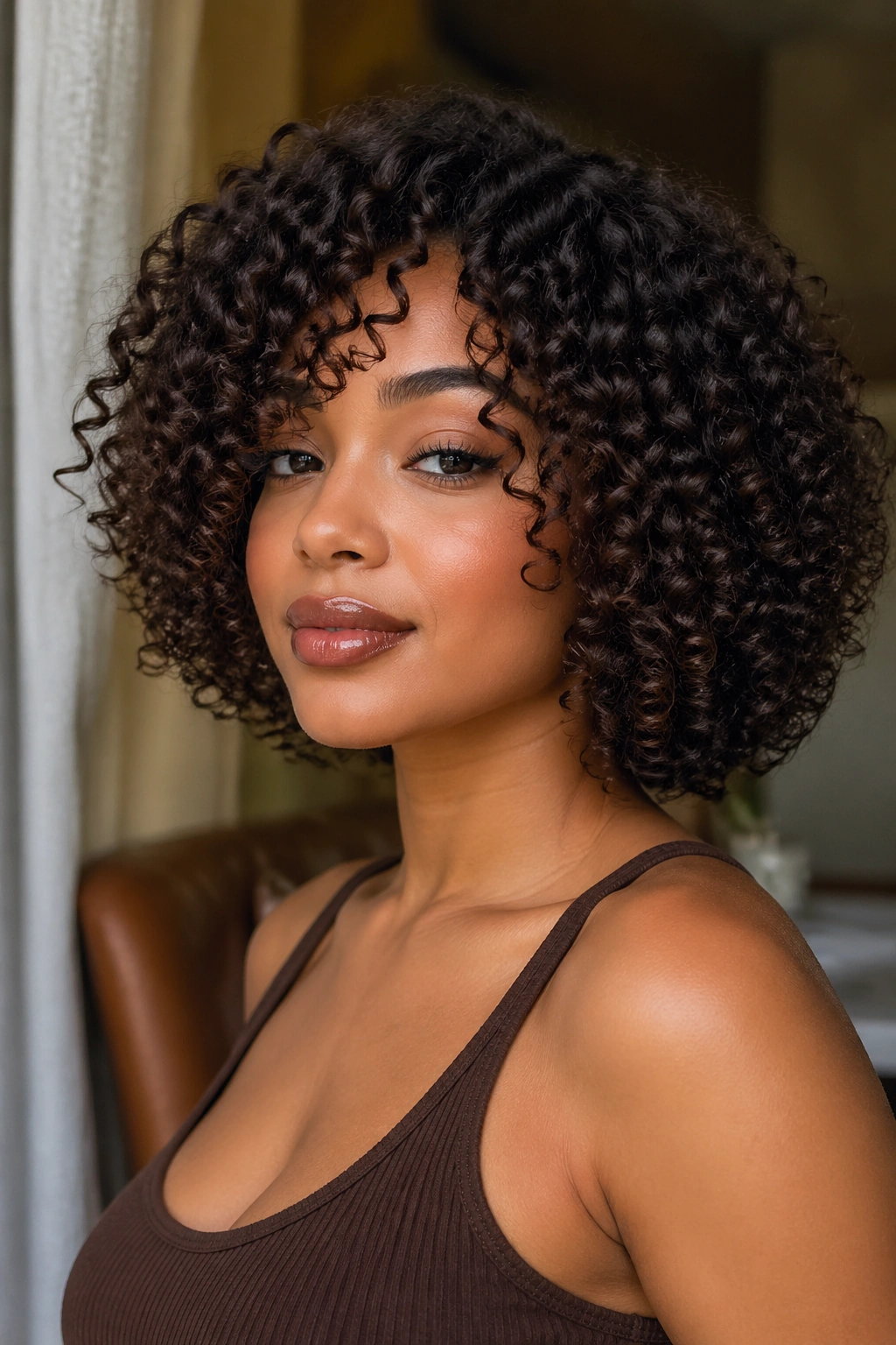 Close-up of a real woman with a classic rounded curly bob.