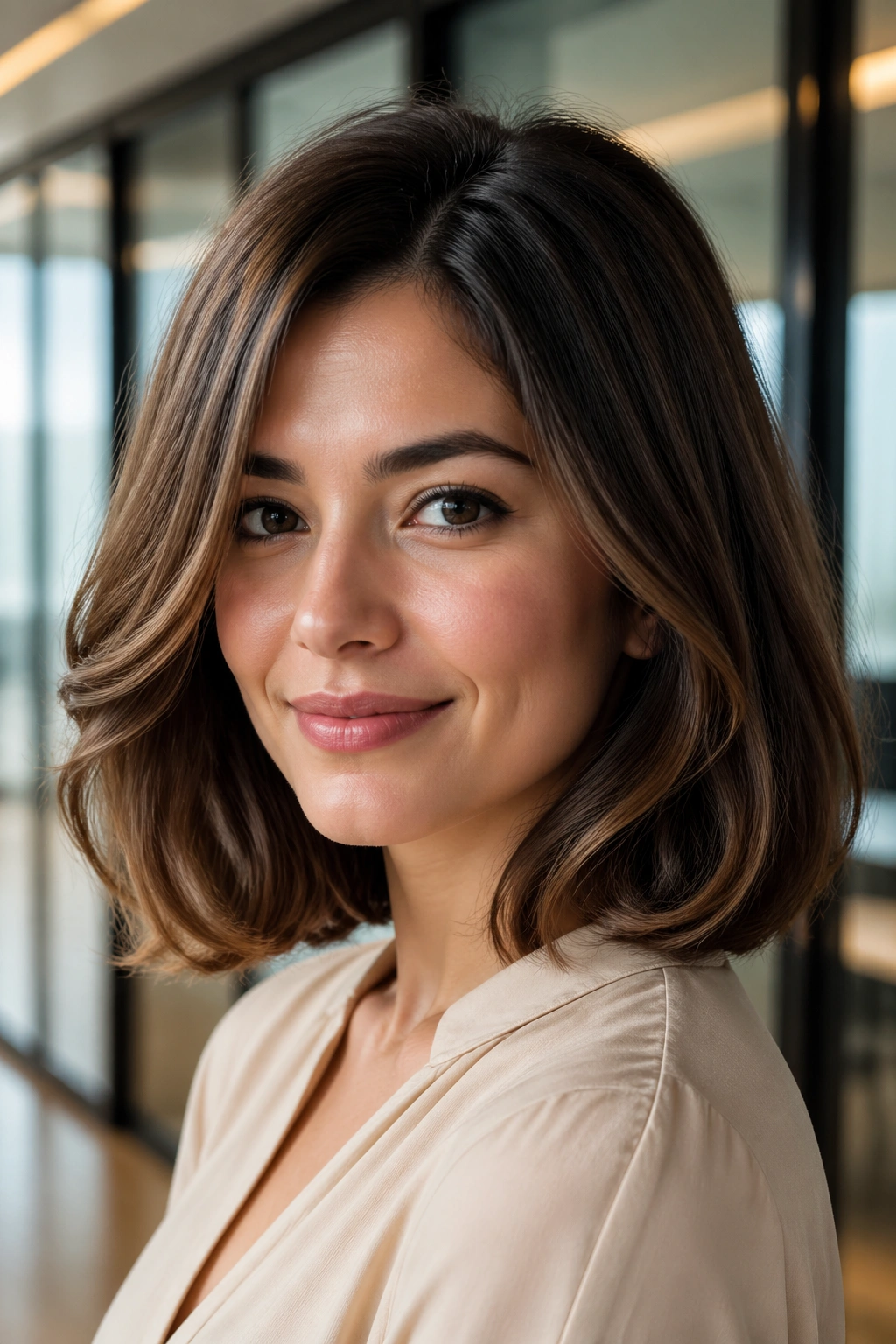 Close-up of real woman showing rounded lob with soft volume in office setting