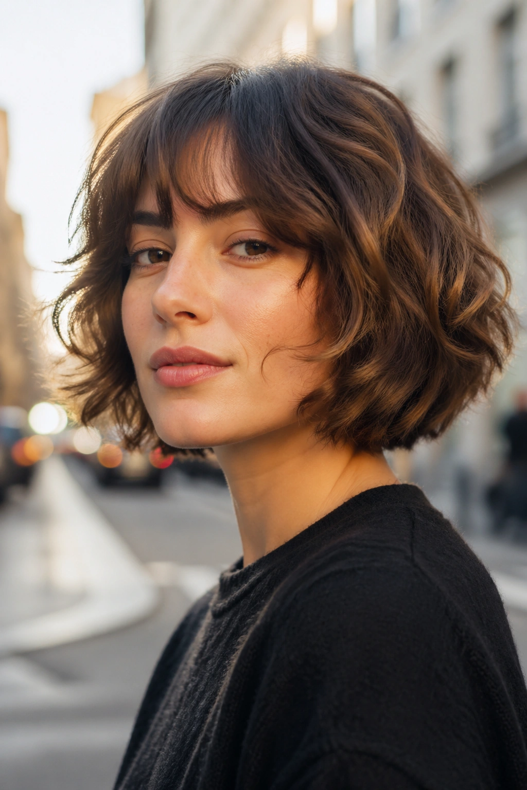 Real person with rounded shag bob, jaw-length rounded silhouette.