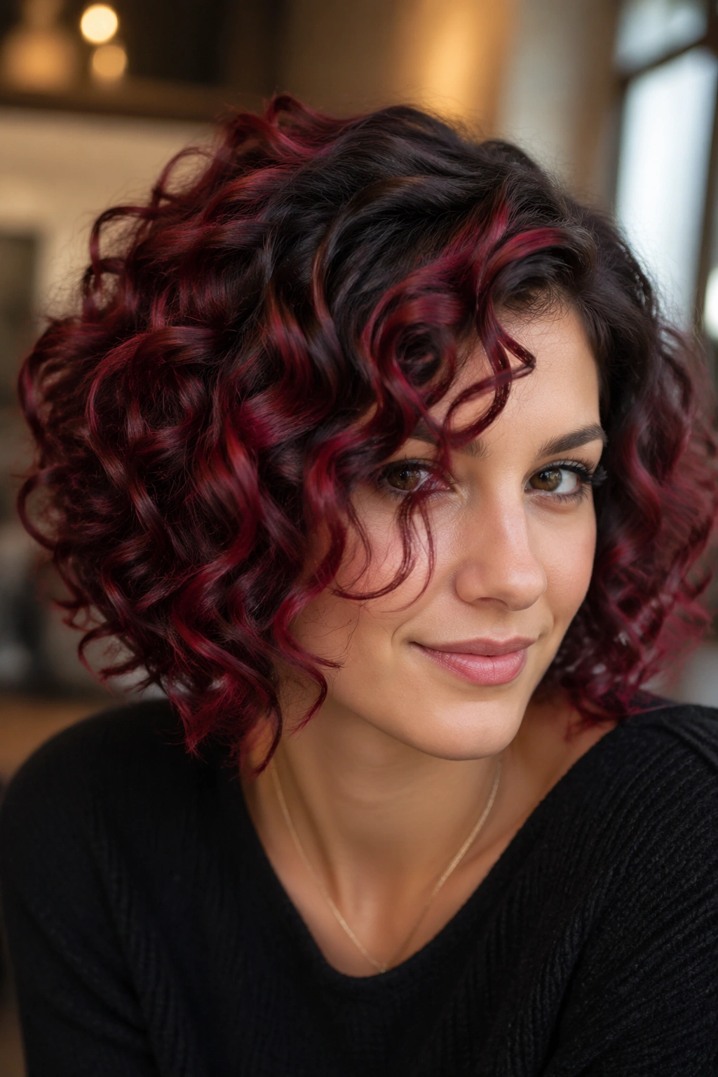 Close-up of a real woman with ruby balayage curly bob