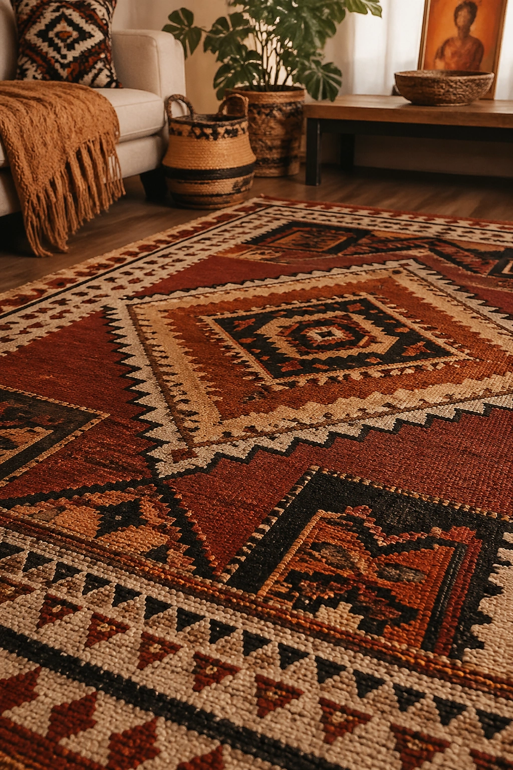 Cozy living room with a dominant large rug and textiles as supporting decor