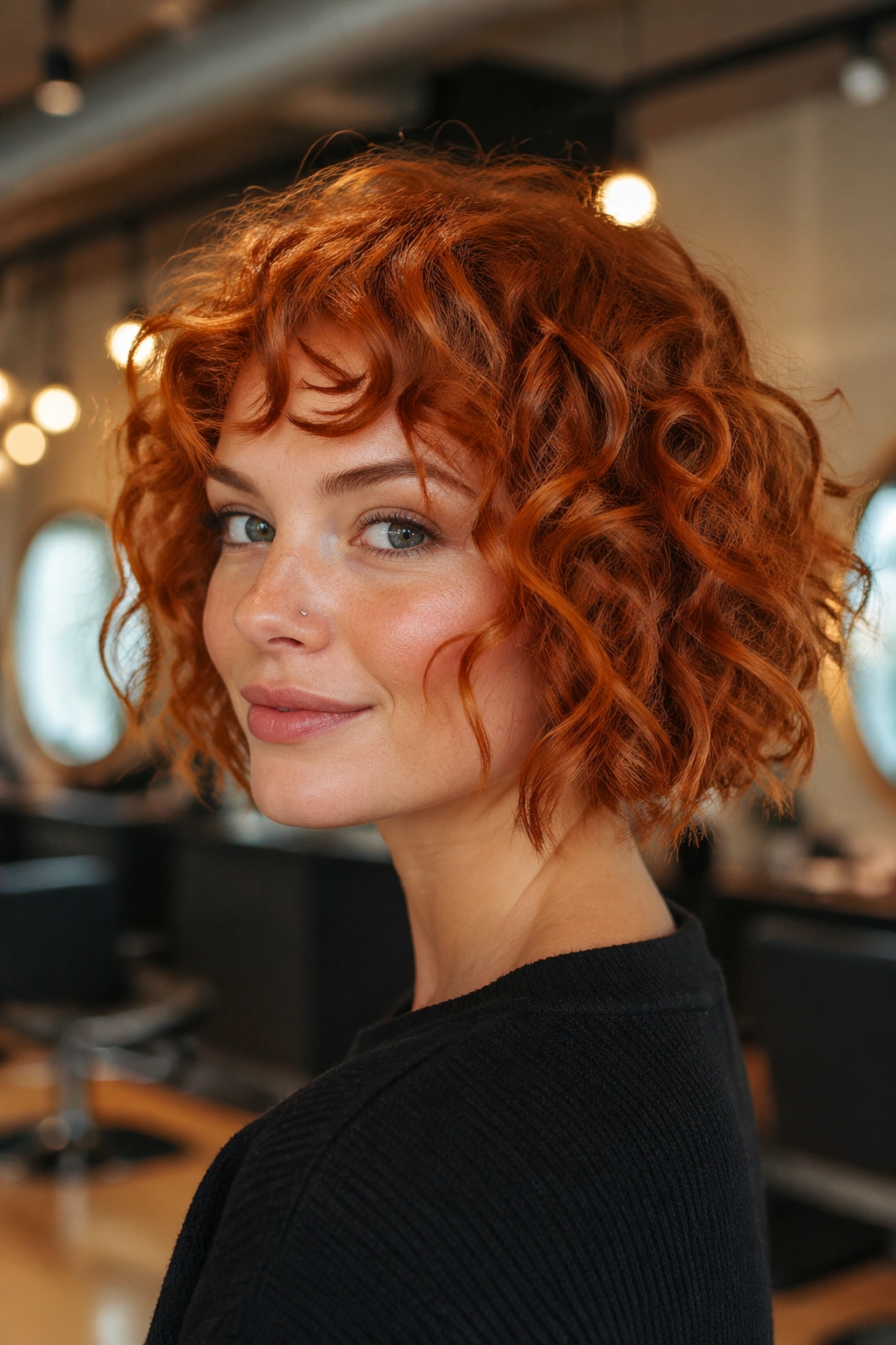 Close-up of a rust red curly bob with piecey ends on a real woman