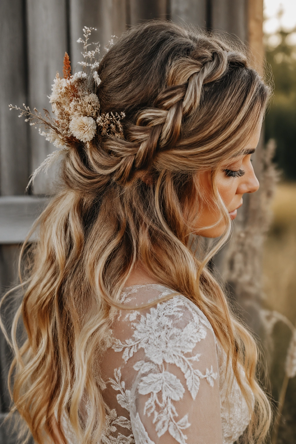 Rustic half-up braided hairstyle adorned with dried flowers