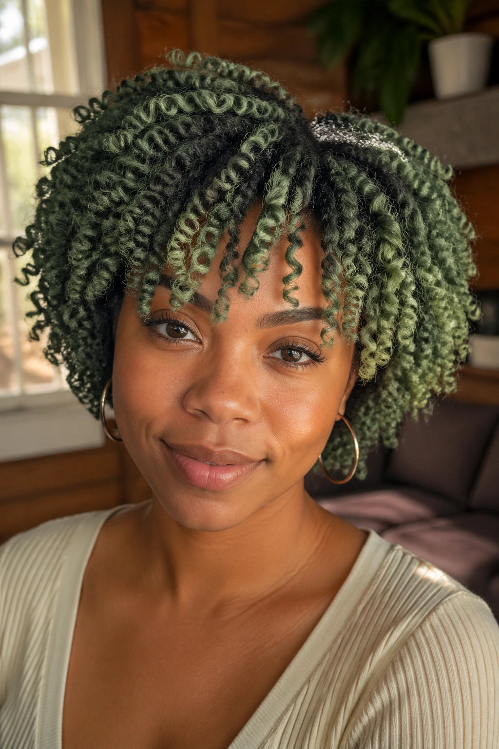 Real woman with sage green twist-out hairstyle in soft natural light