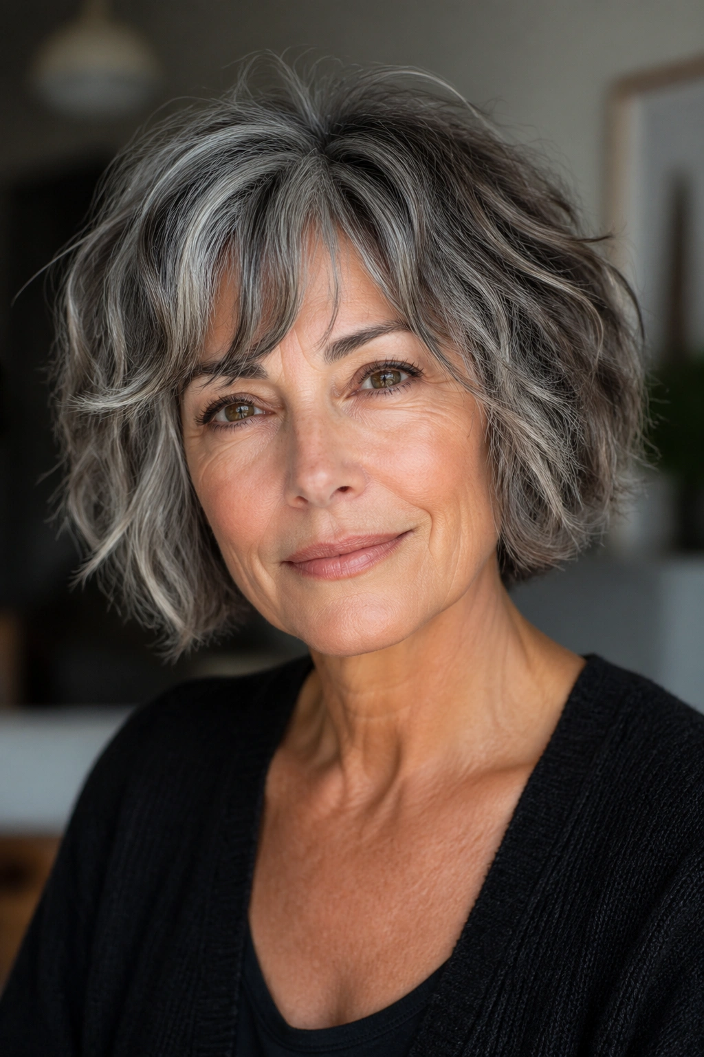 Portrait of a woman with a salt-and-pepper shaggy bob and textured ends.