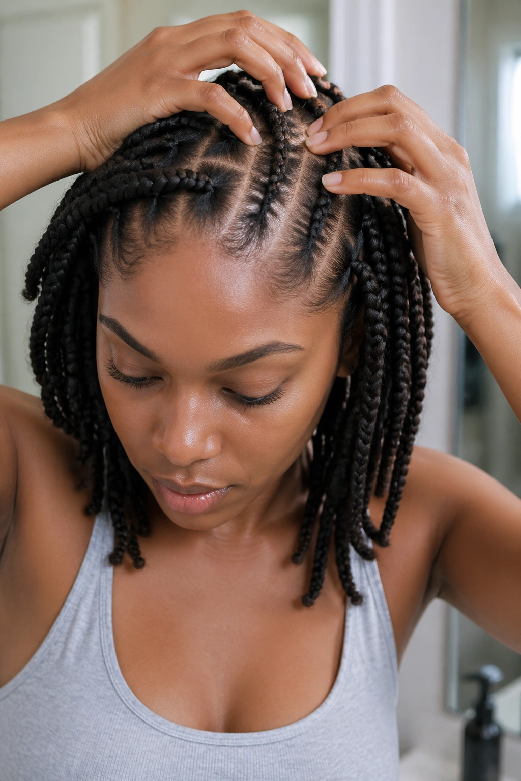 Real person massaging scalp along cornrow part lines.