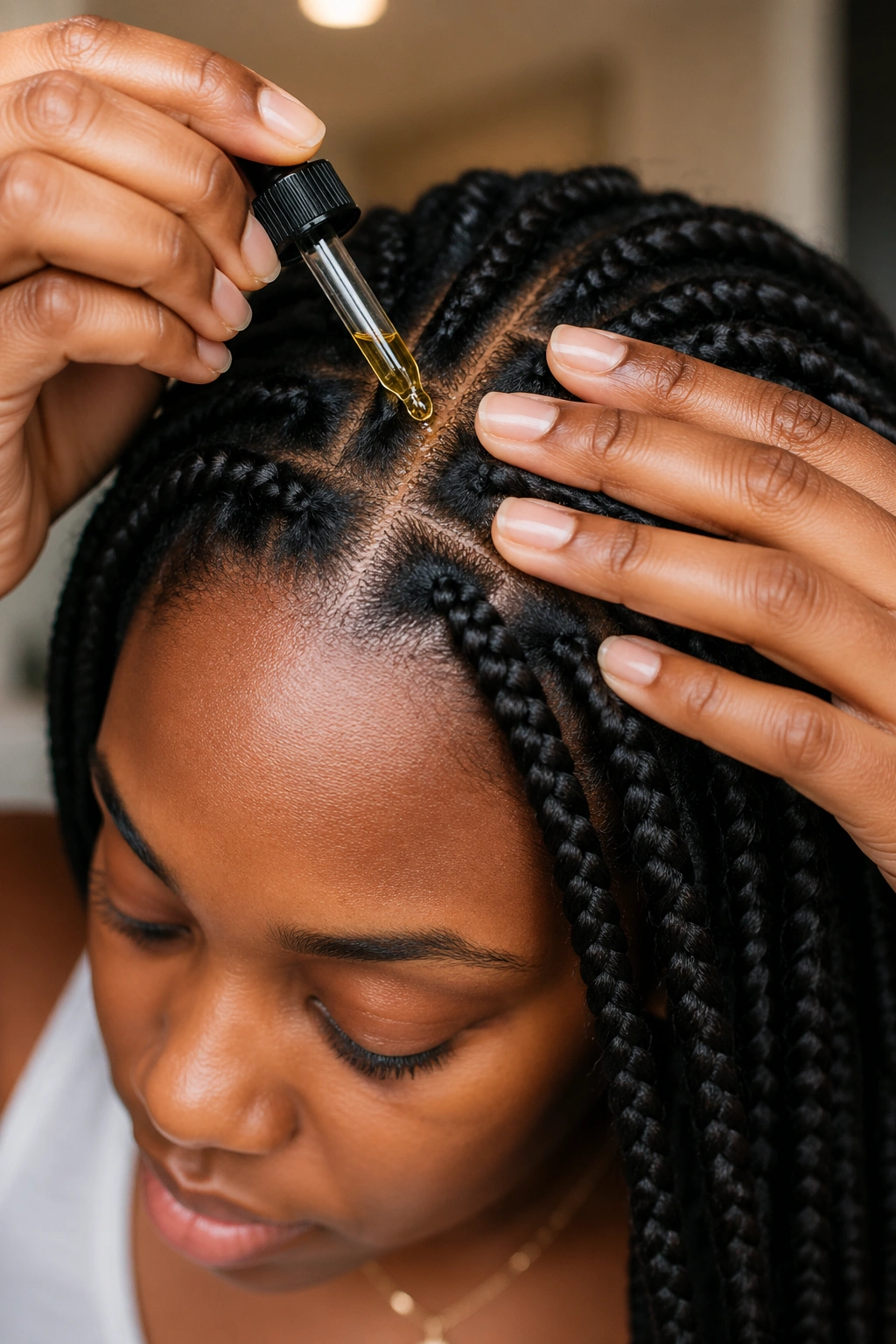 Close-up of scalp with hands applying oil along braids