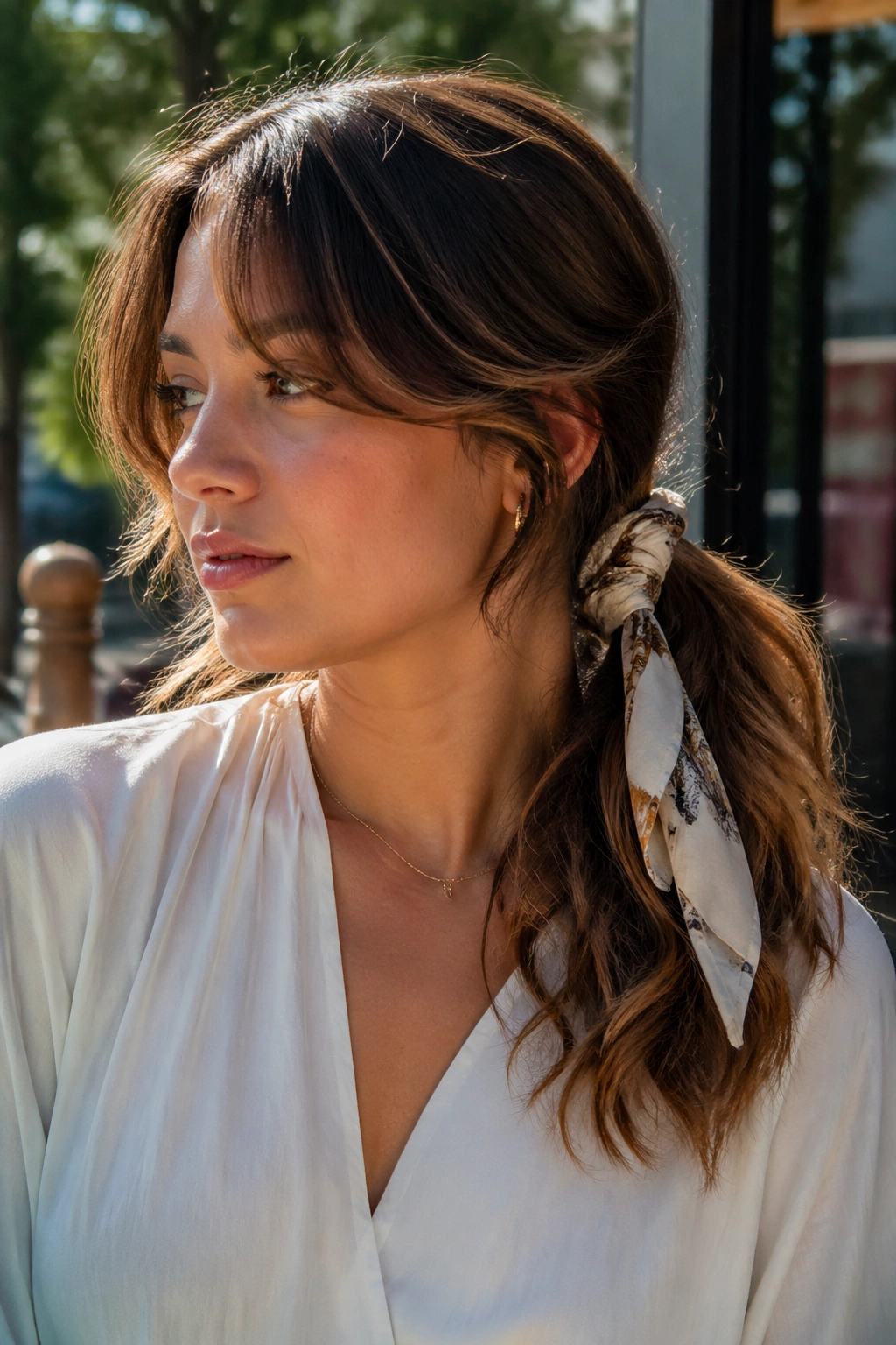 Close-up of a real woman with a scarf-tied low ponytail and curtain bangs in sunlit outdoor setting.