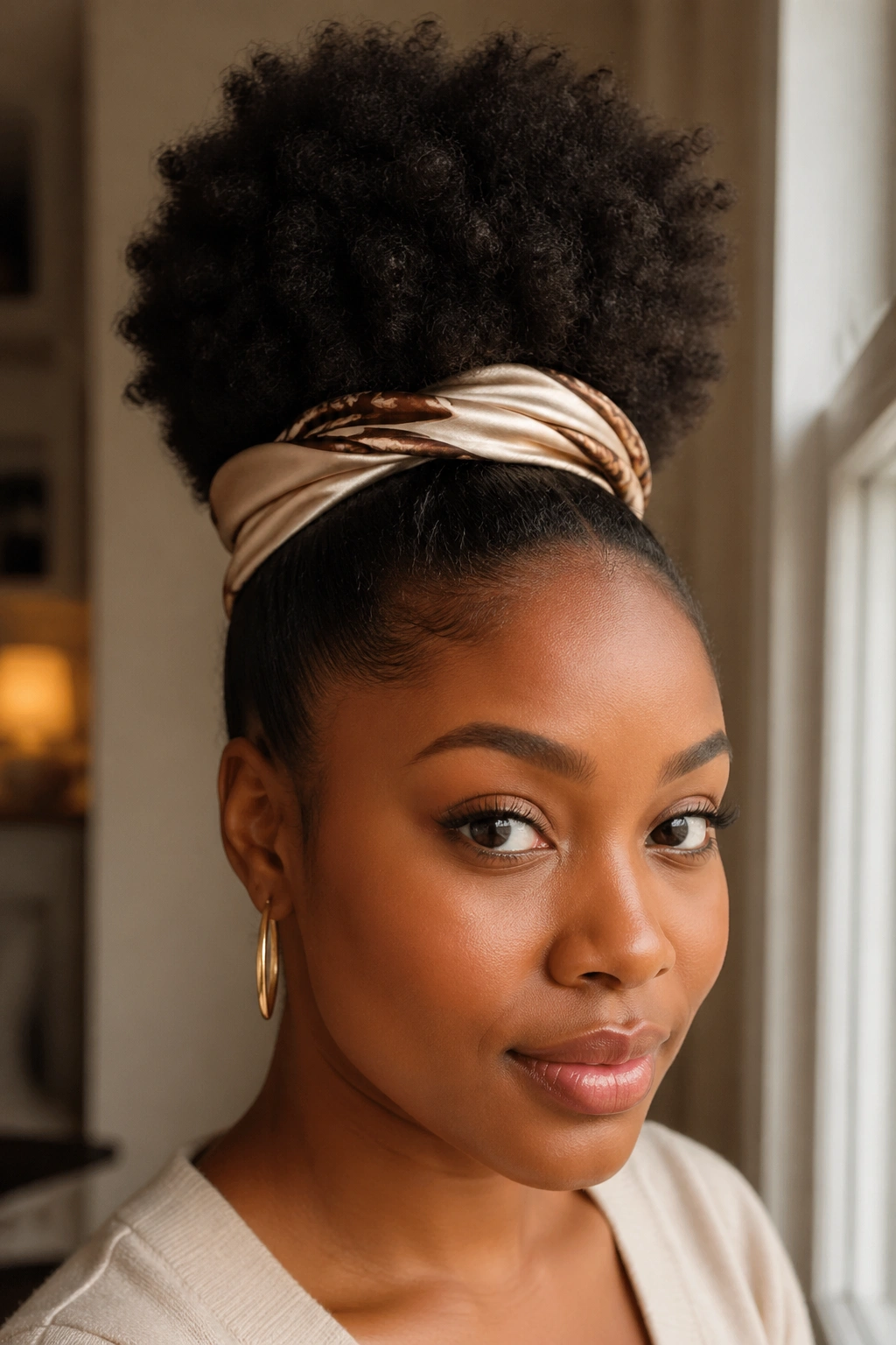 Close-up of a real woman with an afro puff wrapped by a satin scarf