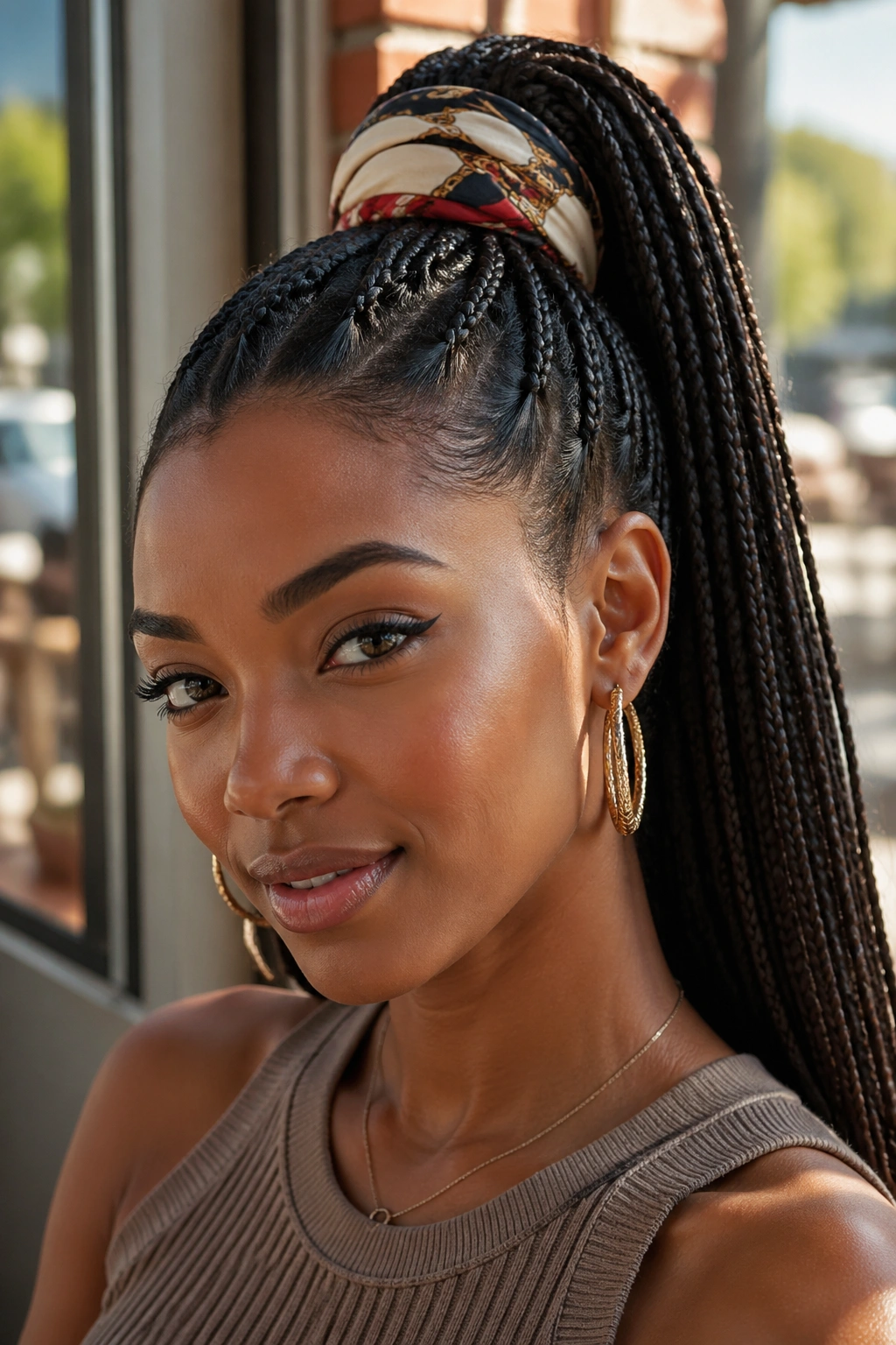 Real woman wearing a scarf-wrapped ponytail with scarf at the base.