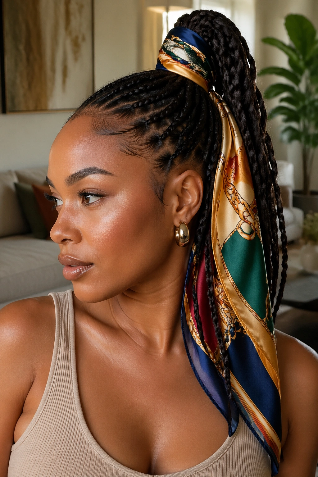Close-up of a real woman's scarf-wrapped twist ponytail