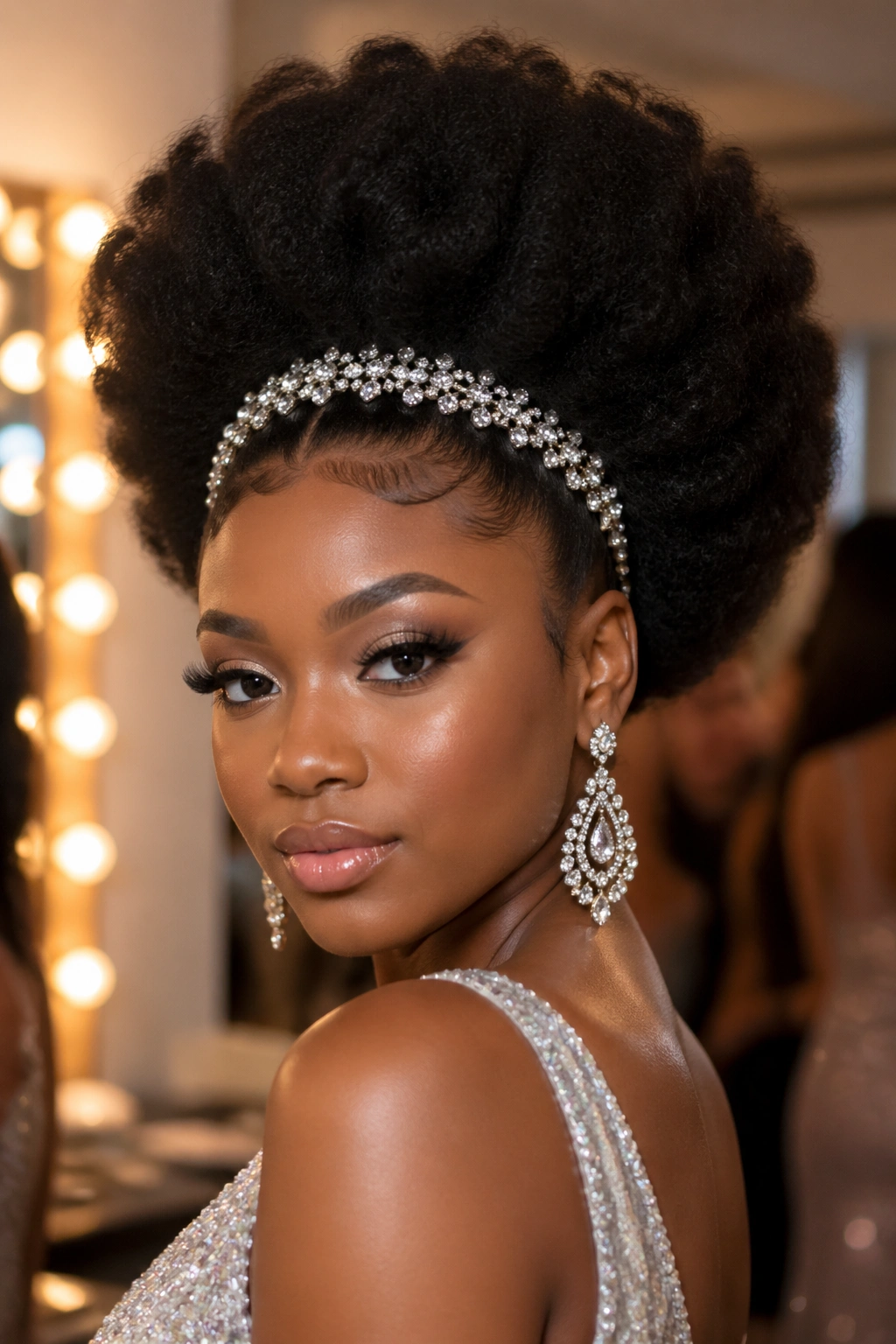 Close-up of real woman with sculpted afro and rhinestone headband