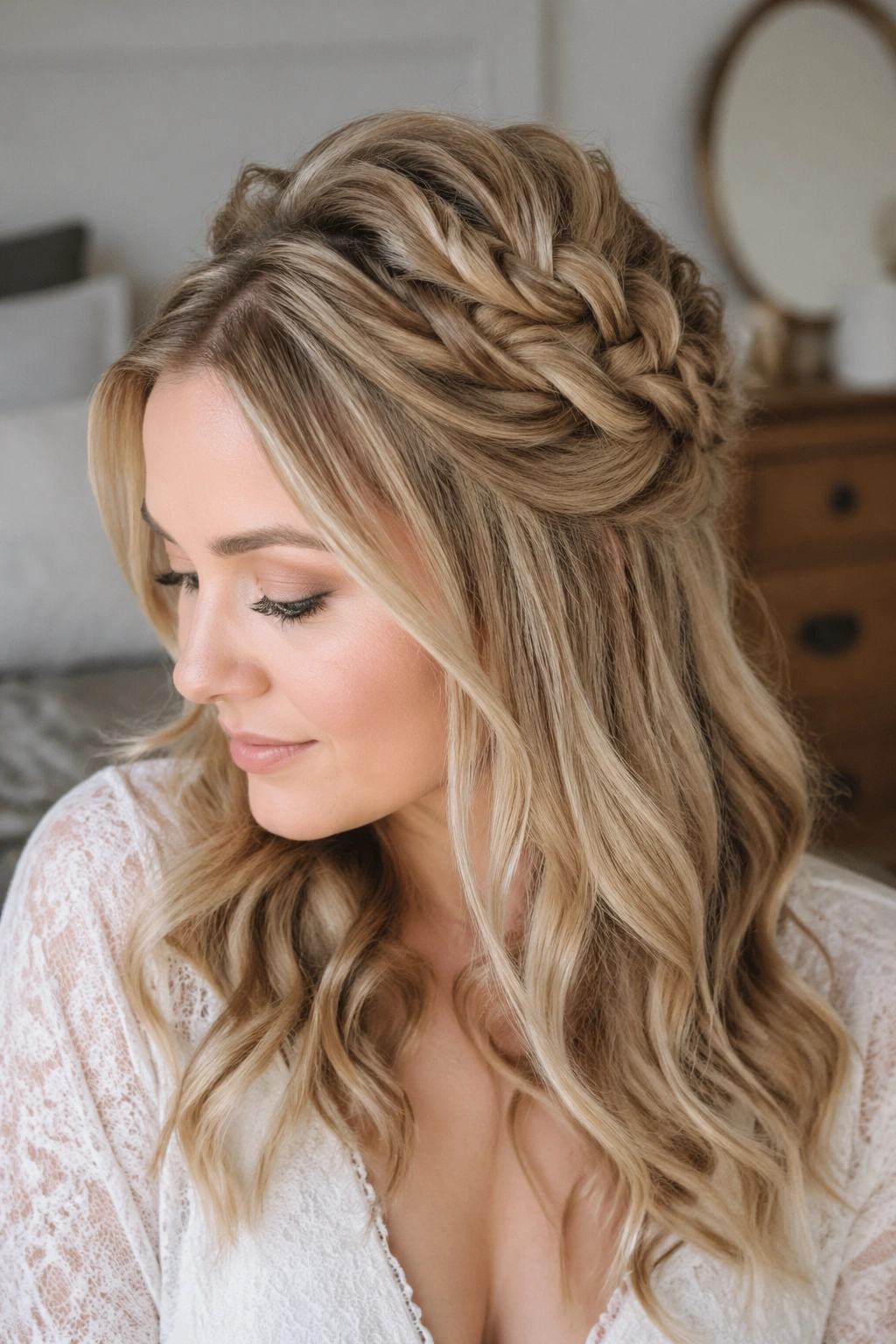 Fine-haired woman wearing sculpted half-up braid with soft ends