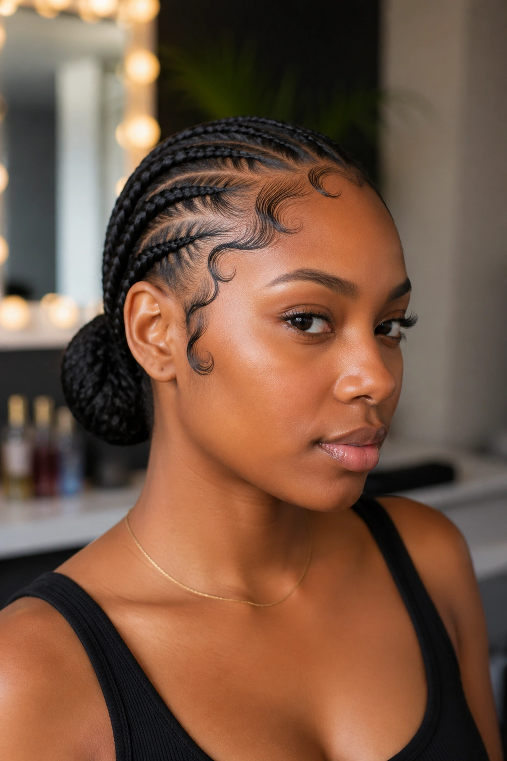 Close-up of real woman with sculpted bun and swooped baby hairs