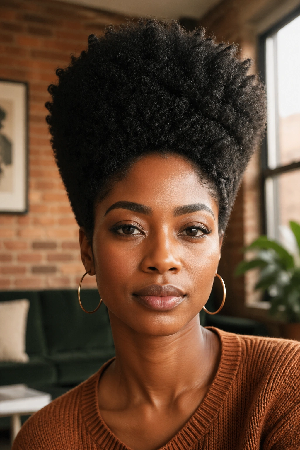 Close-up portrait of a real woman with a sculpted crown afro under warm window light