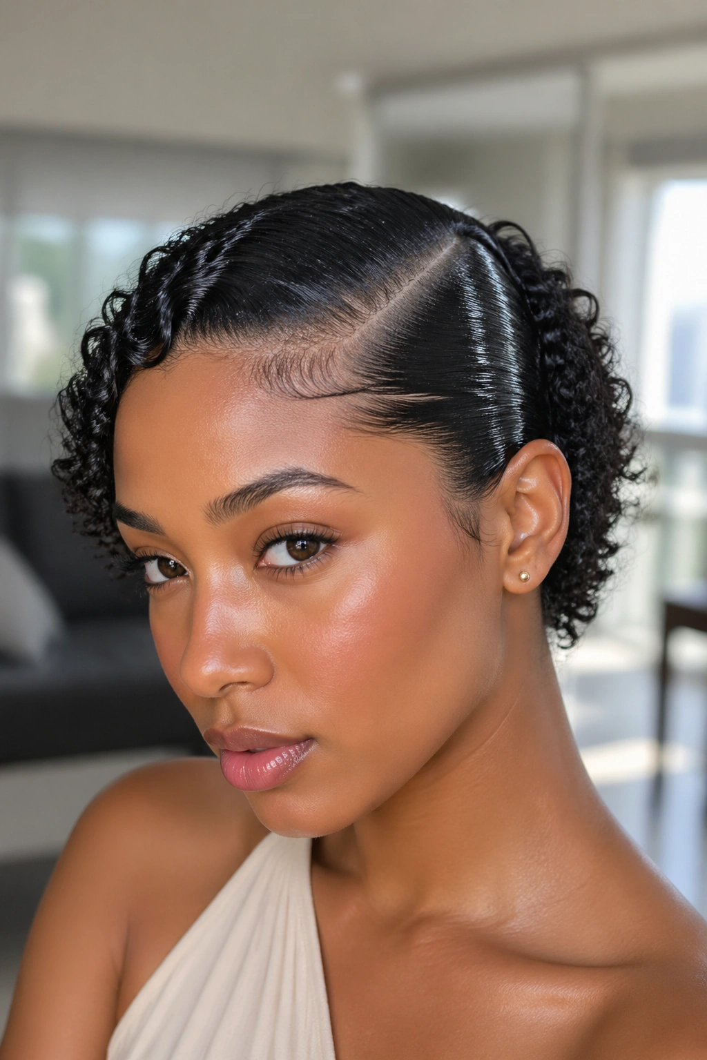 Real woman with sculpted side part slick-back hairstyle