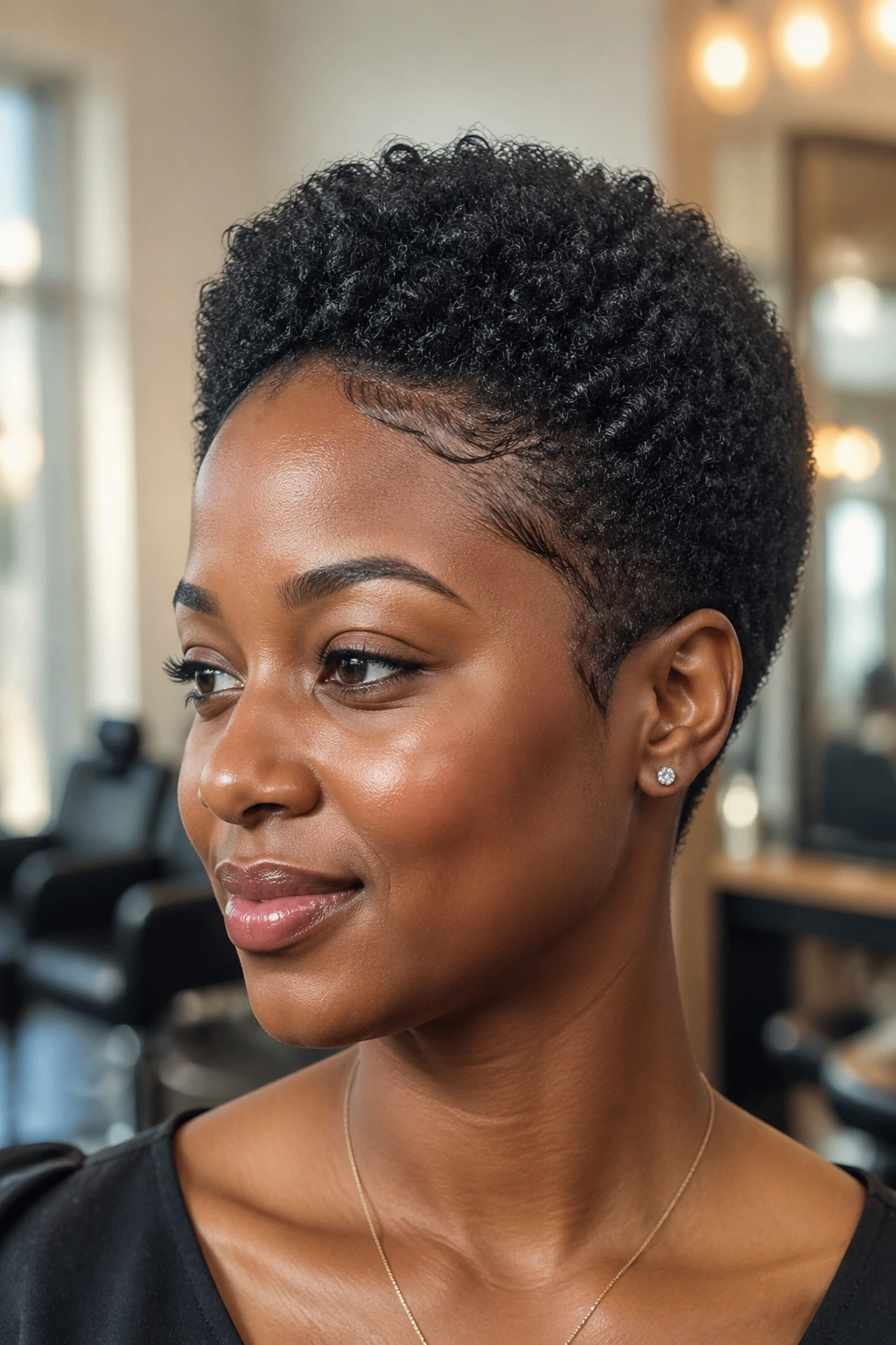 Close-up of a real woman with a sculpted oval TWA Afro and laid edges.