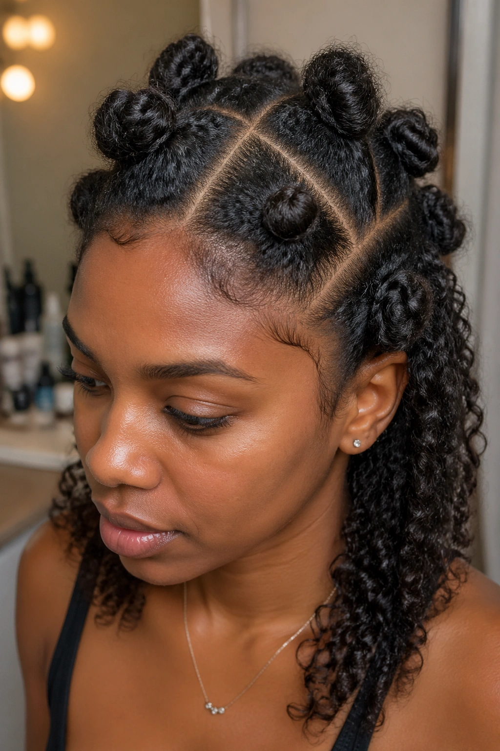 Close-up of a real woman's scalp with neatly sectioned hair for curl definition.