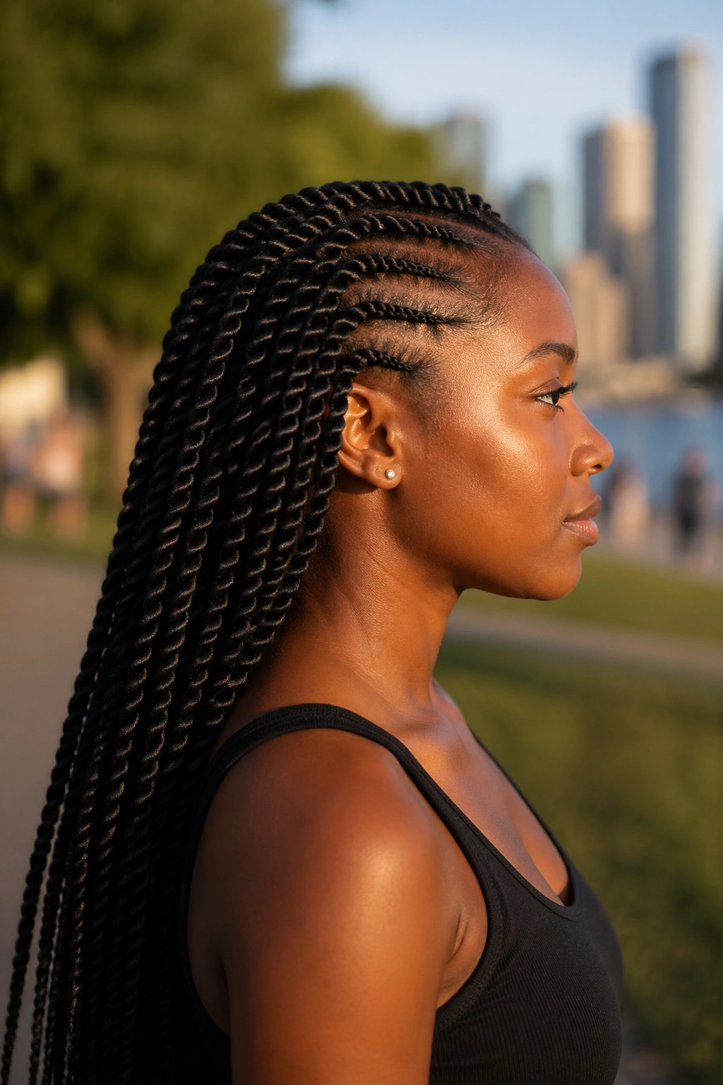 Side-profile portrait of real woman with Senegalese Marley rope twists