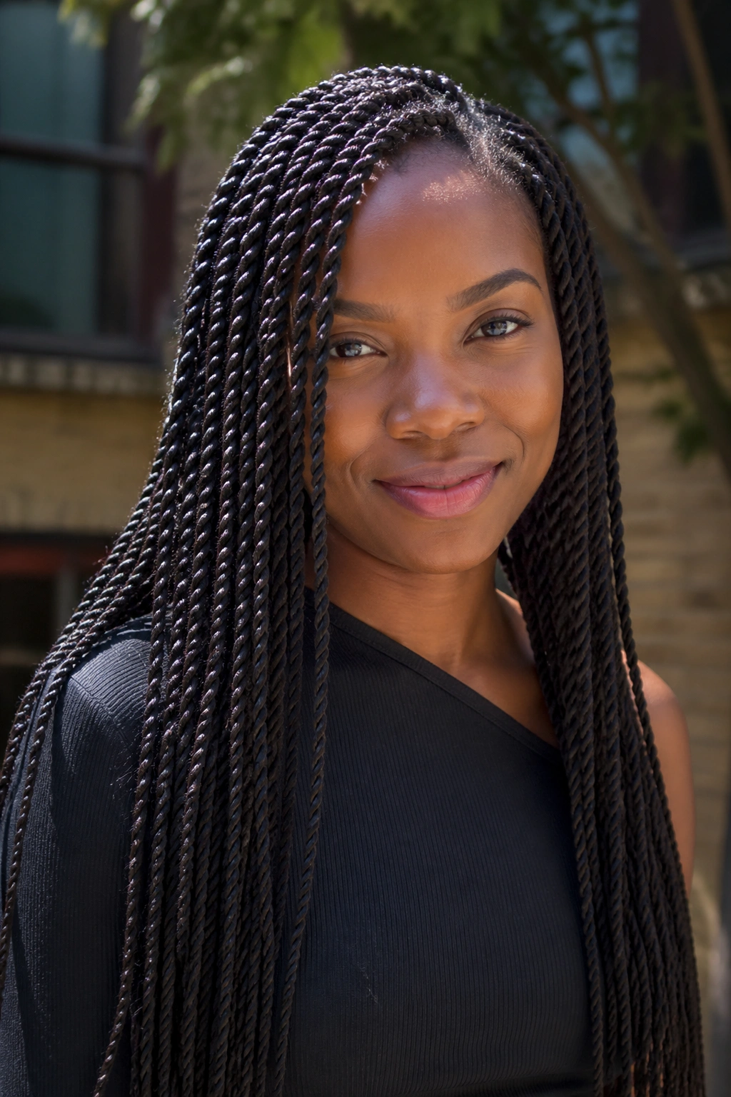 Close-up of real woman with Senegalese twists in natural daylight