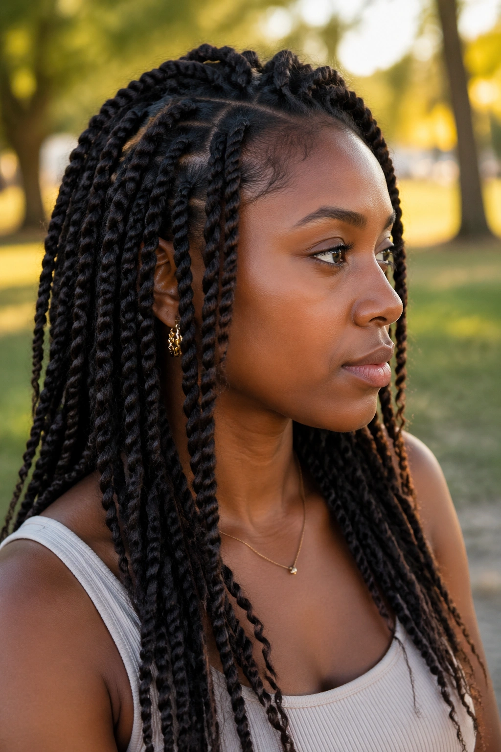 Close-up of a real woman with kinky Senegalese twists