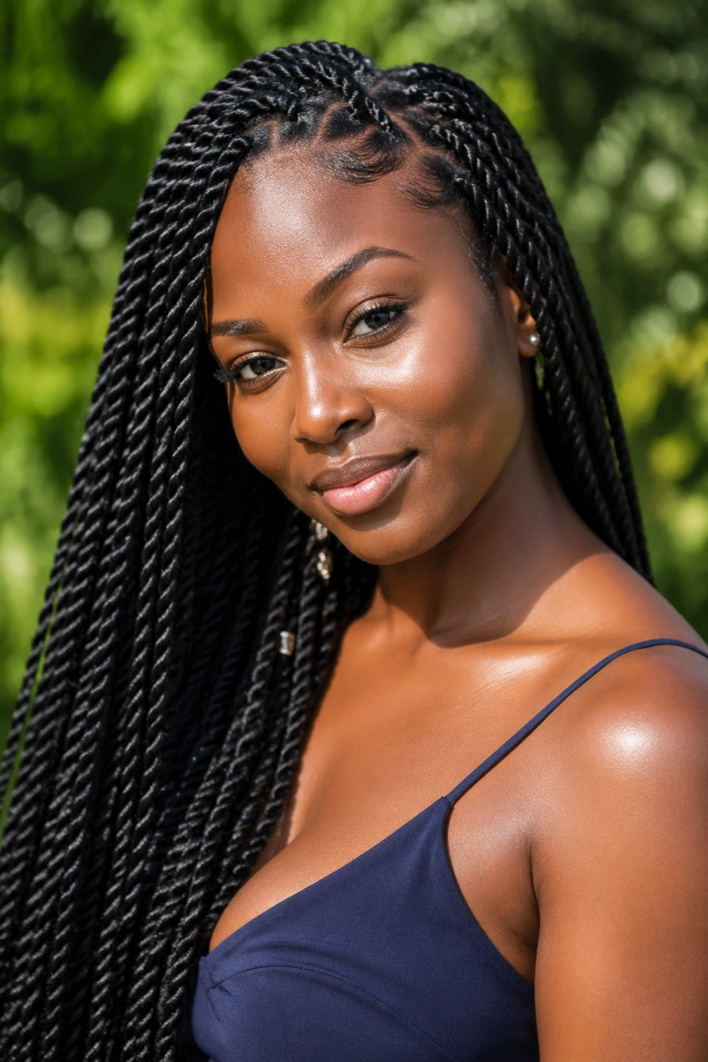 Close-up portrait of a real woman with Senegalese twists outdoors
