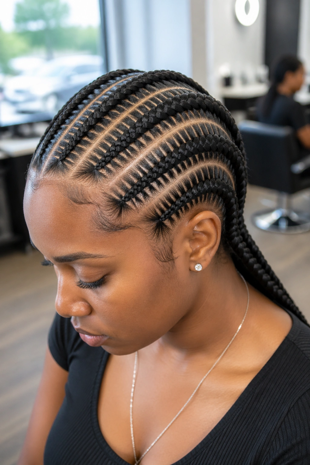 Real person with seven stitch-pattern cornrows