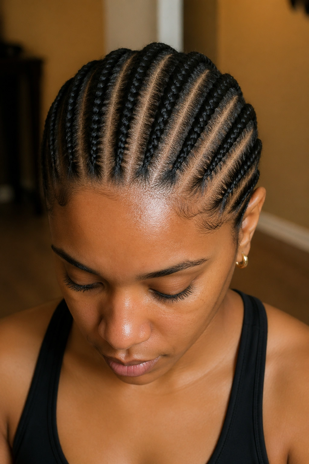 Close-up portrait of a real woman with seven medium straight-back cornrows from hairline to nape.