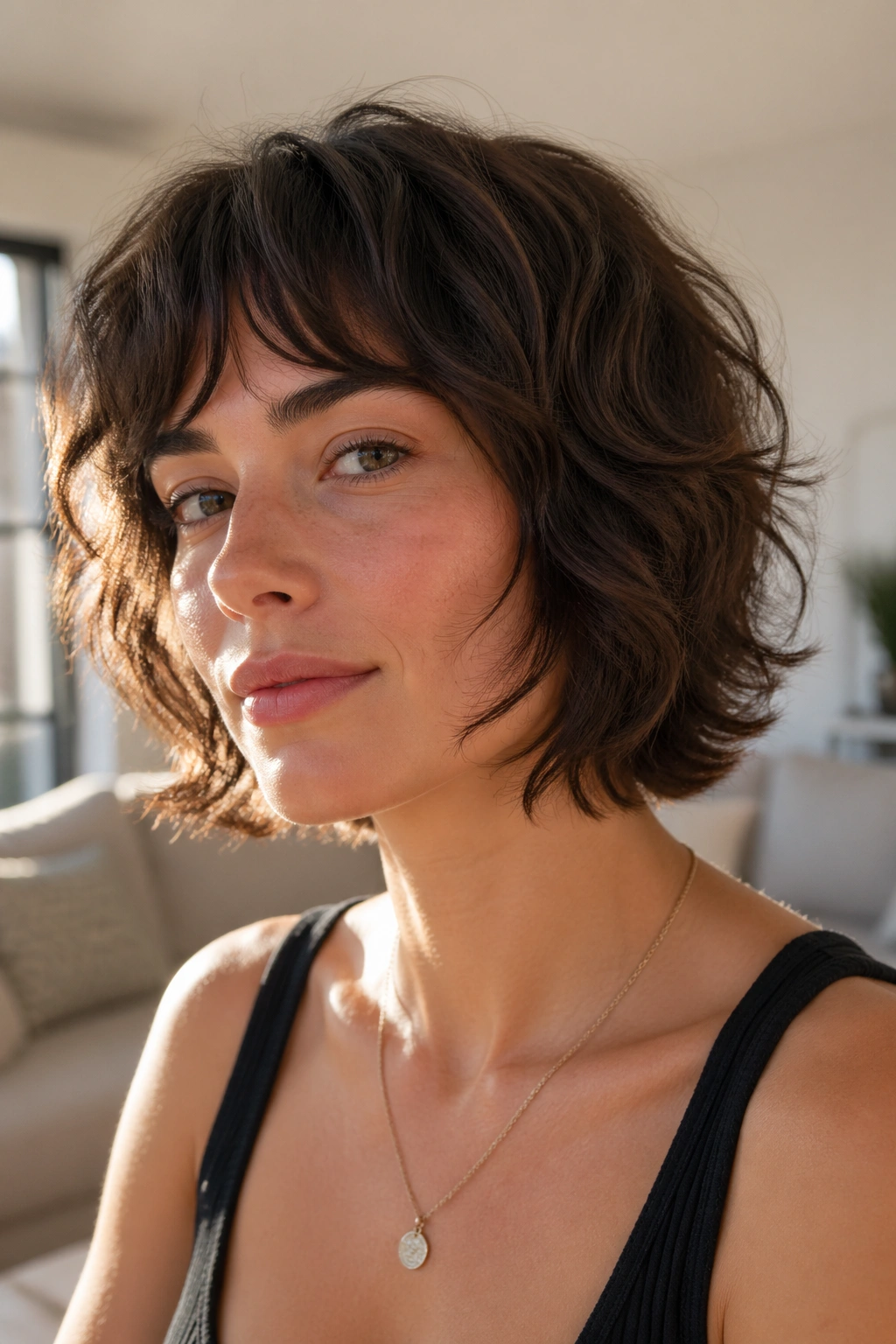 Close-up portrait of a woman with a minimalist low-maintenance shag and soft face-framing waves in natural light