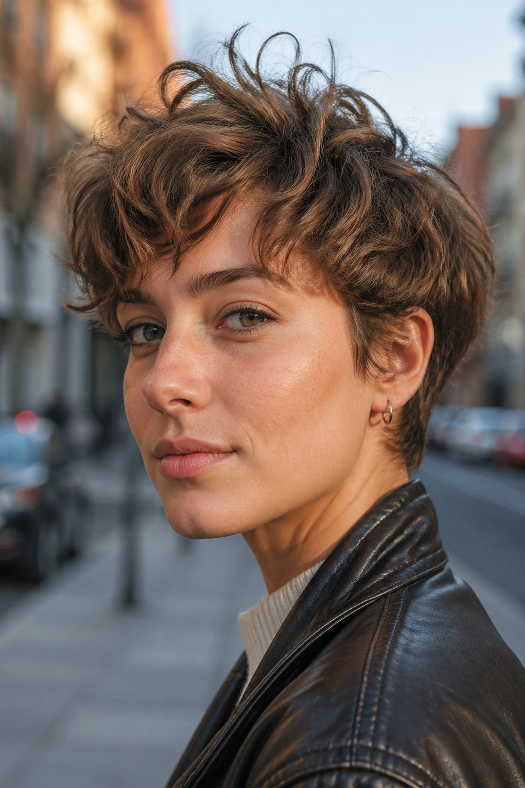 Portrait of real person with shaggy bixie haircut on urban street