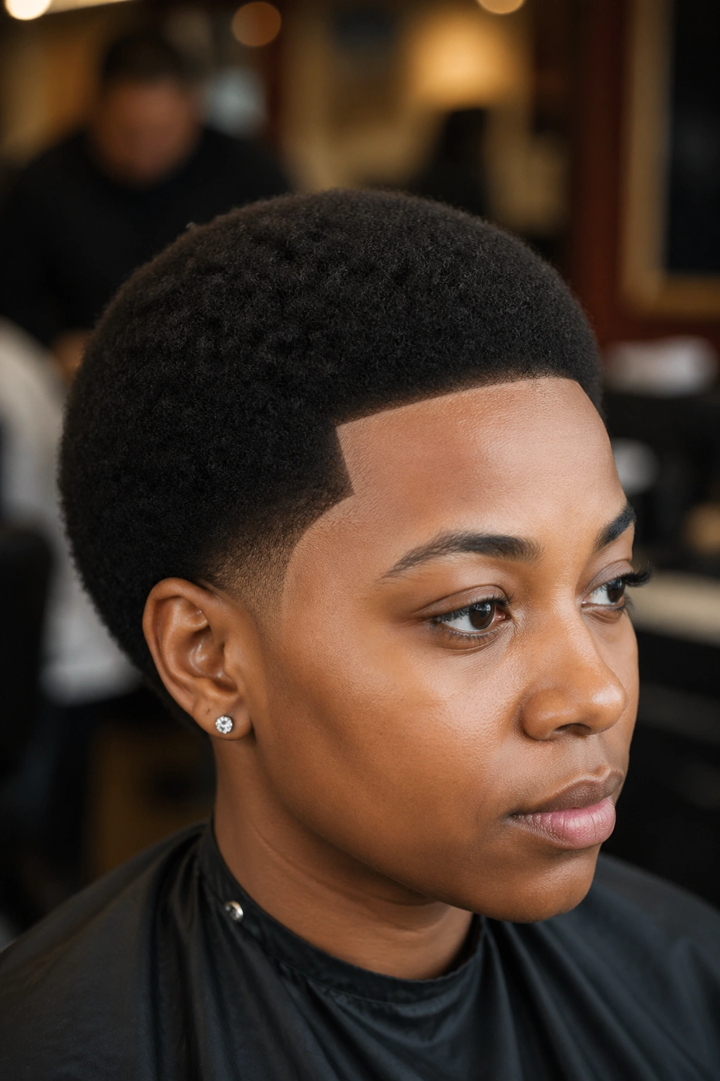 Close-up of real person with a short rounded afro and a crisp shape line along the hairline