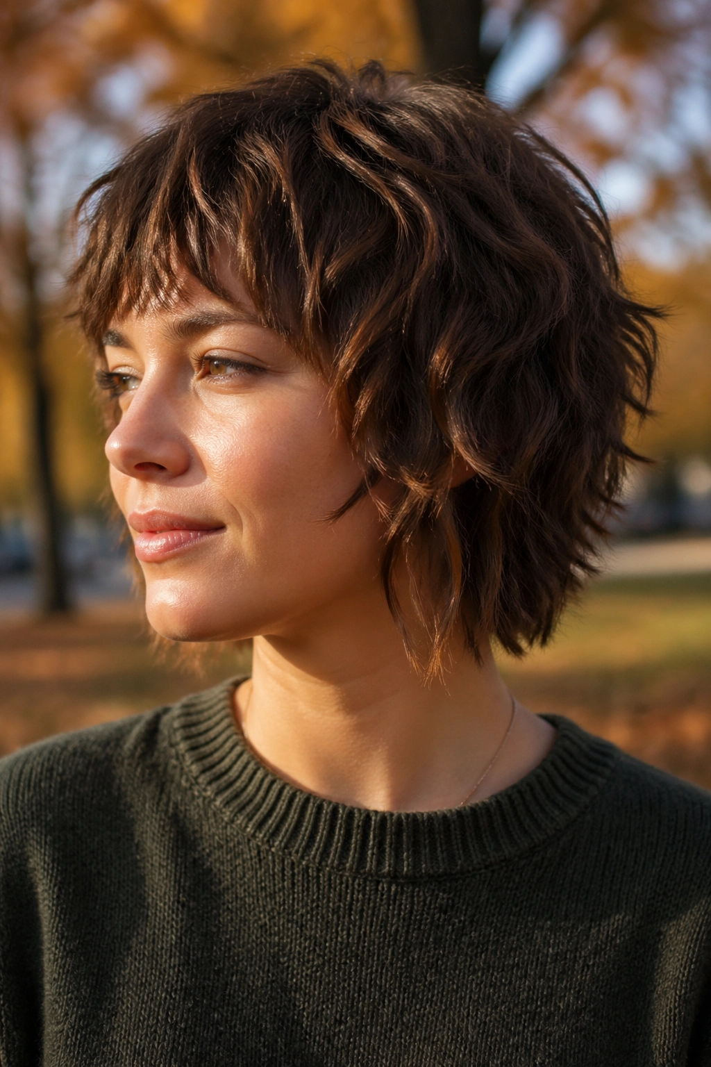 Portrait of a person with short shag featuring shattered ends