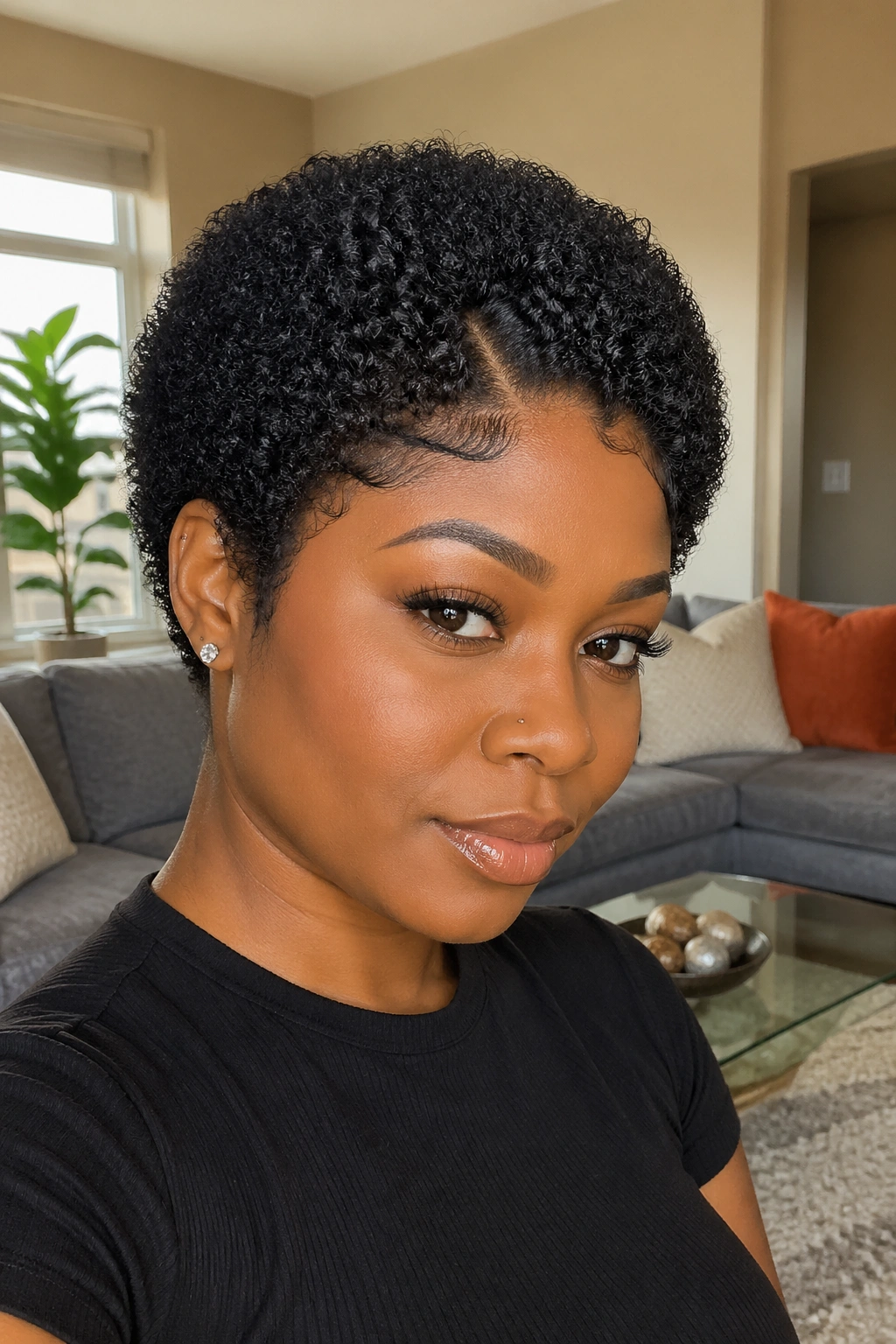 Close-up portrait of a real woman wearing a short afro pixie with a lace closure, natural part, warm living room setting.