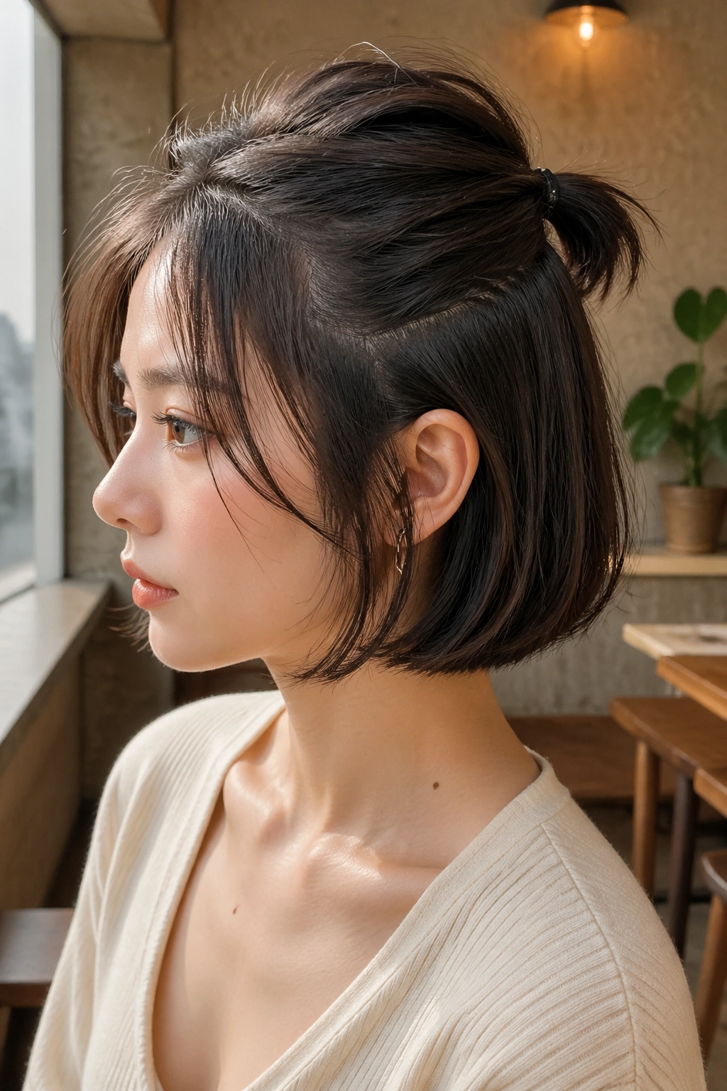 Close-up of a real woman with a short bob mini half ponytail