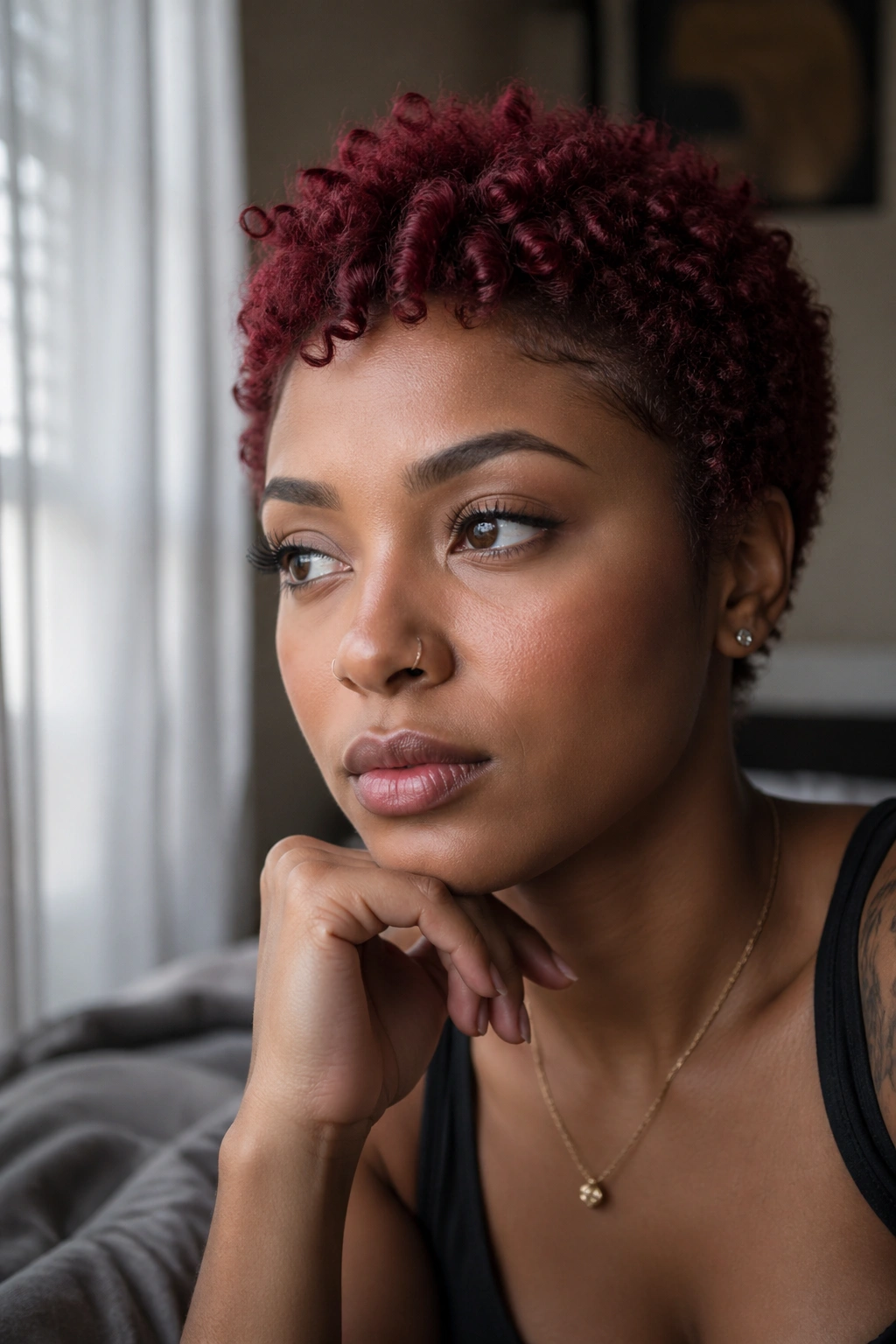 Portrait of a person with burgundy short curls looking contemplative