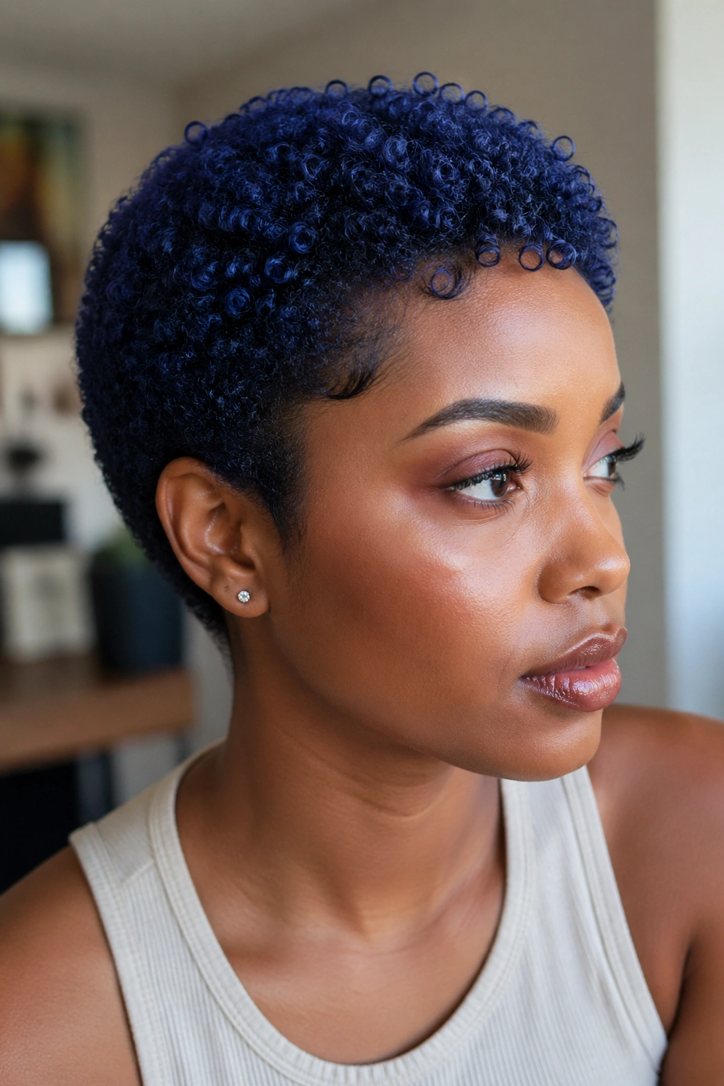 Close-up of a real person with indigo TWA showing depth in tight curls
