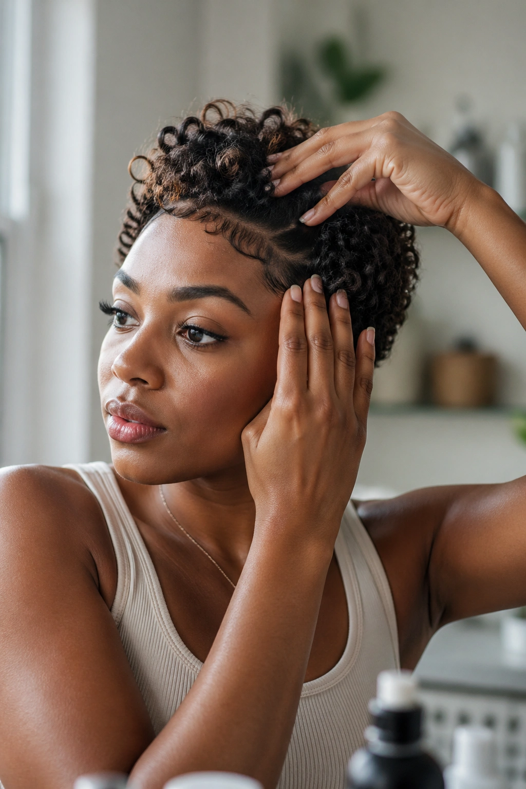 Real woman with short curly hair during routine prep