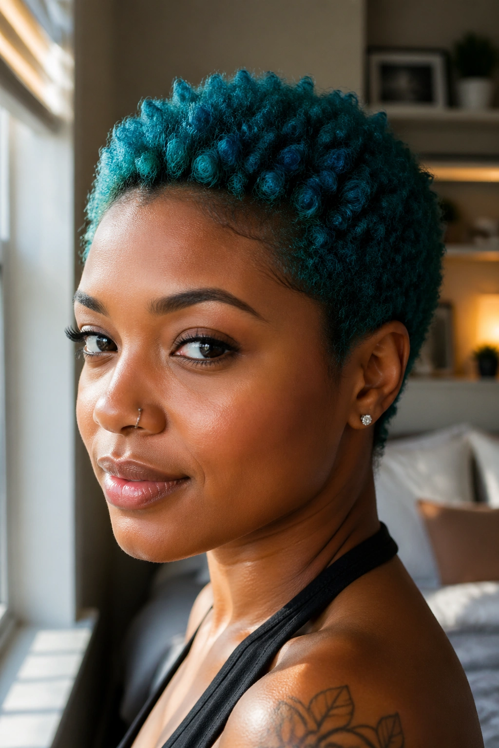 Close-up of a real person with teal short curls in natural window light